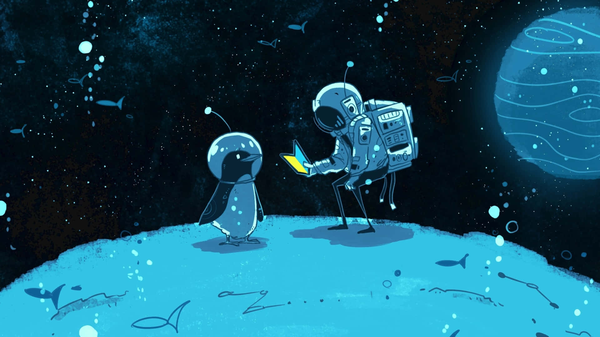 astronaut, penguin, blue planet, Full HD Desktop Wallpaper
