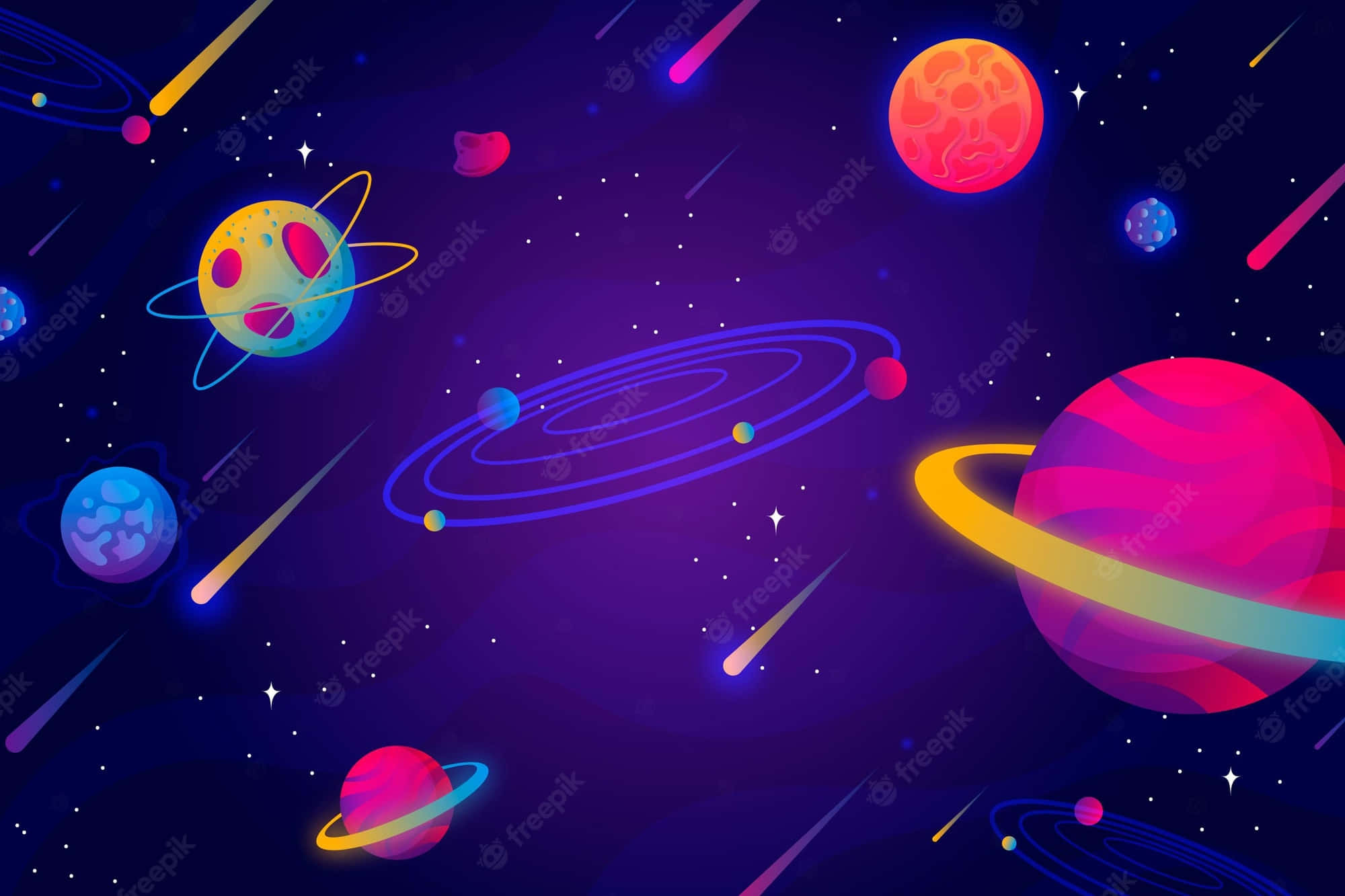 Animated Space, Vibrant cartoon planets, glowing rings, Full HD Desktop Wallpaper