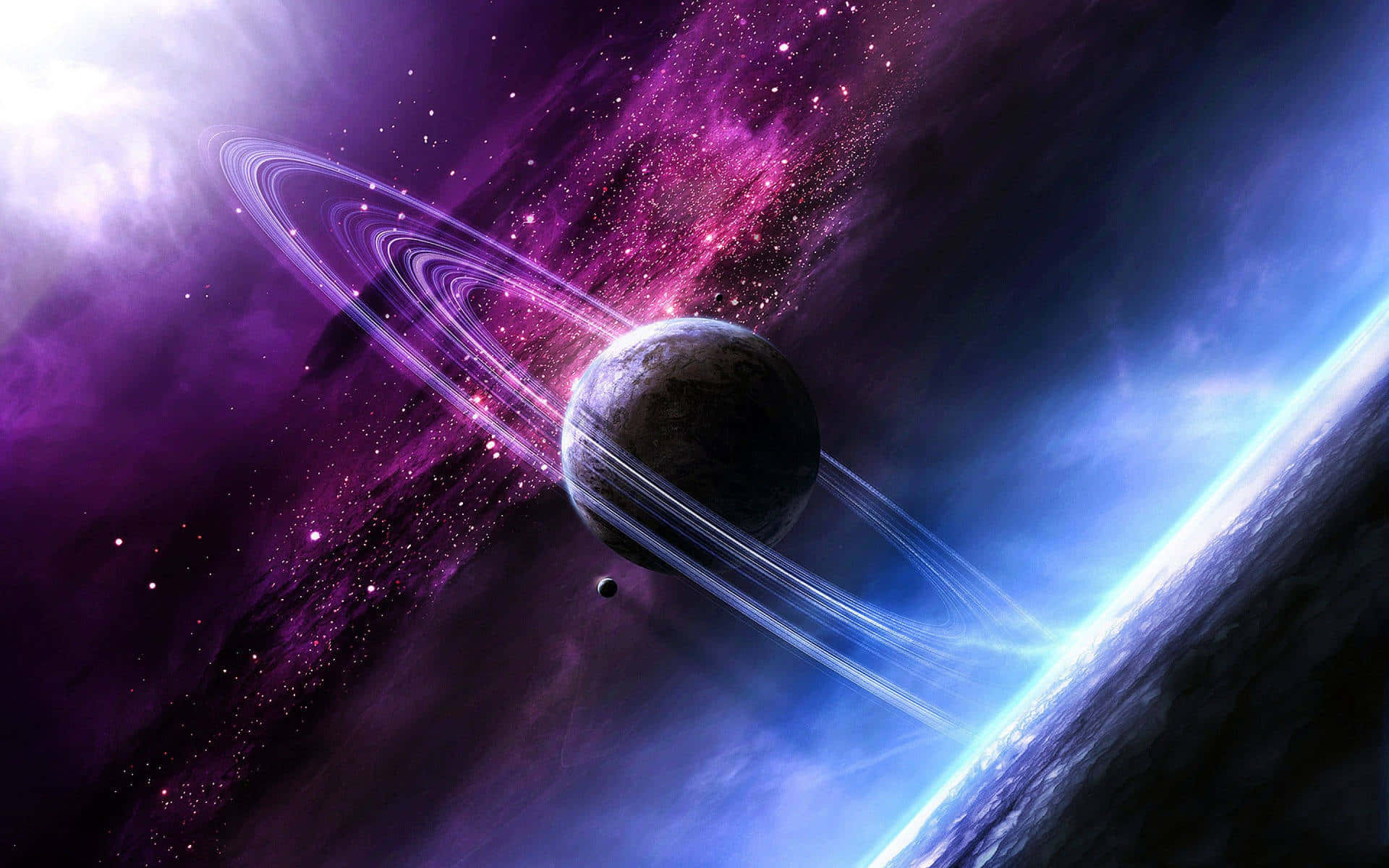 Animated Space, ringed planet, purple nebulae, Full HD Desktop Wallpaper