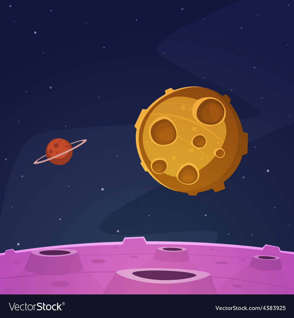 golden cratered moon, red ringed planet, starry dark blue space, SD Phone Wallpaper