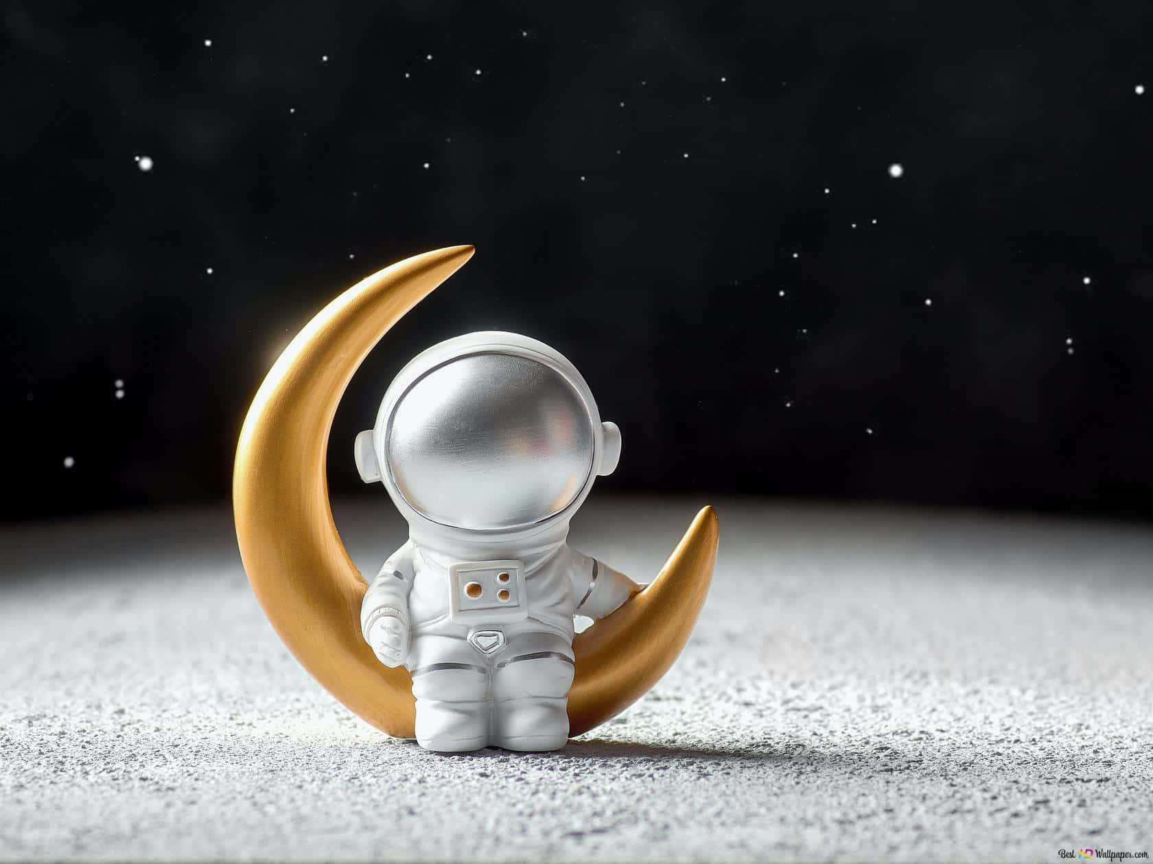 astronaut figurine, golden crescent moon, starry night sky, HD Desktop Wallpaper