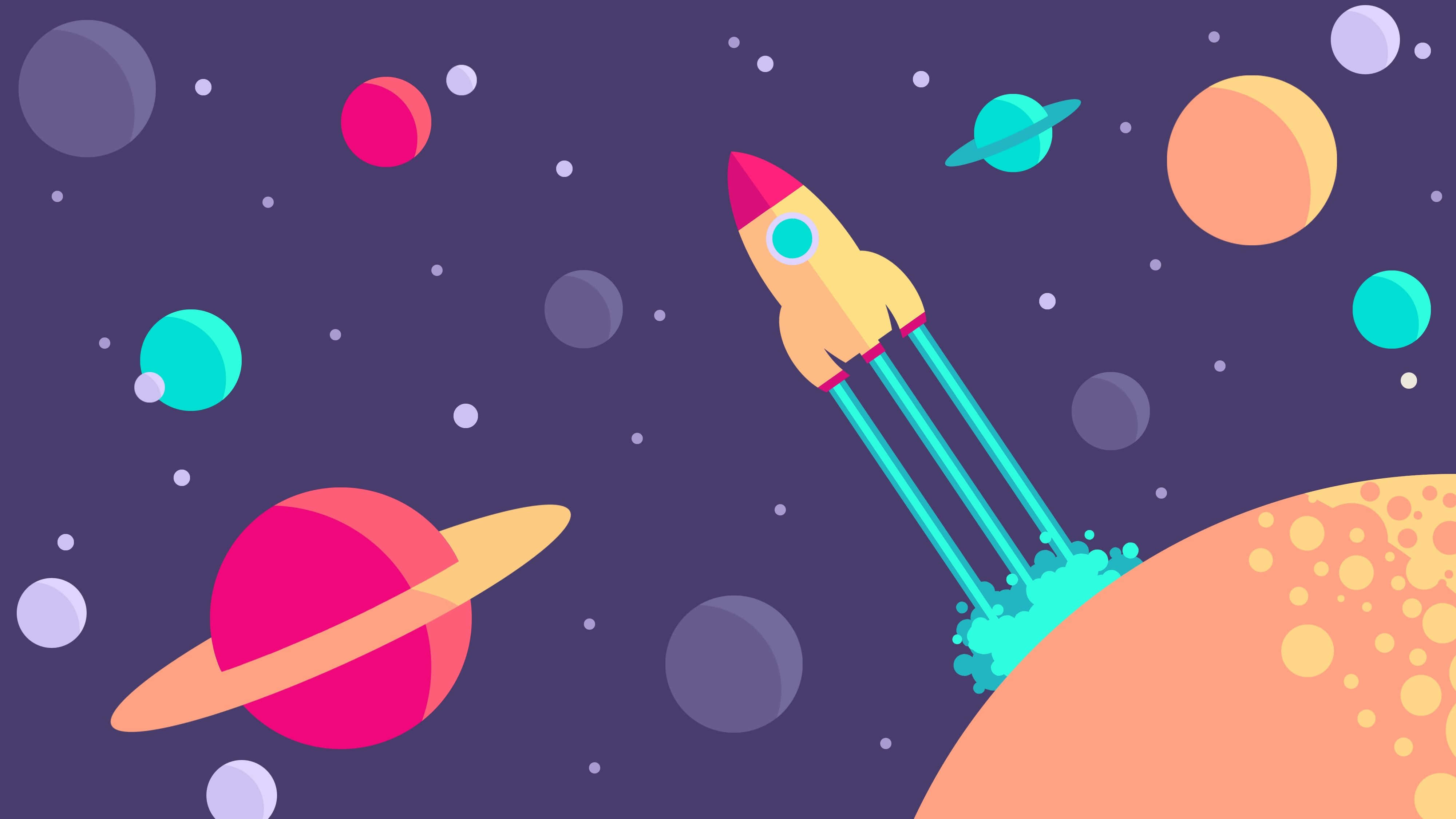 cartoon space, colorful cartoon rocket, planet, 4K Desktop Wallpaper