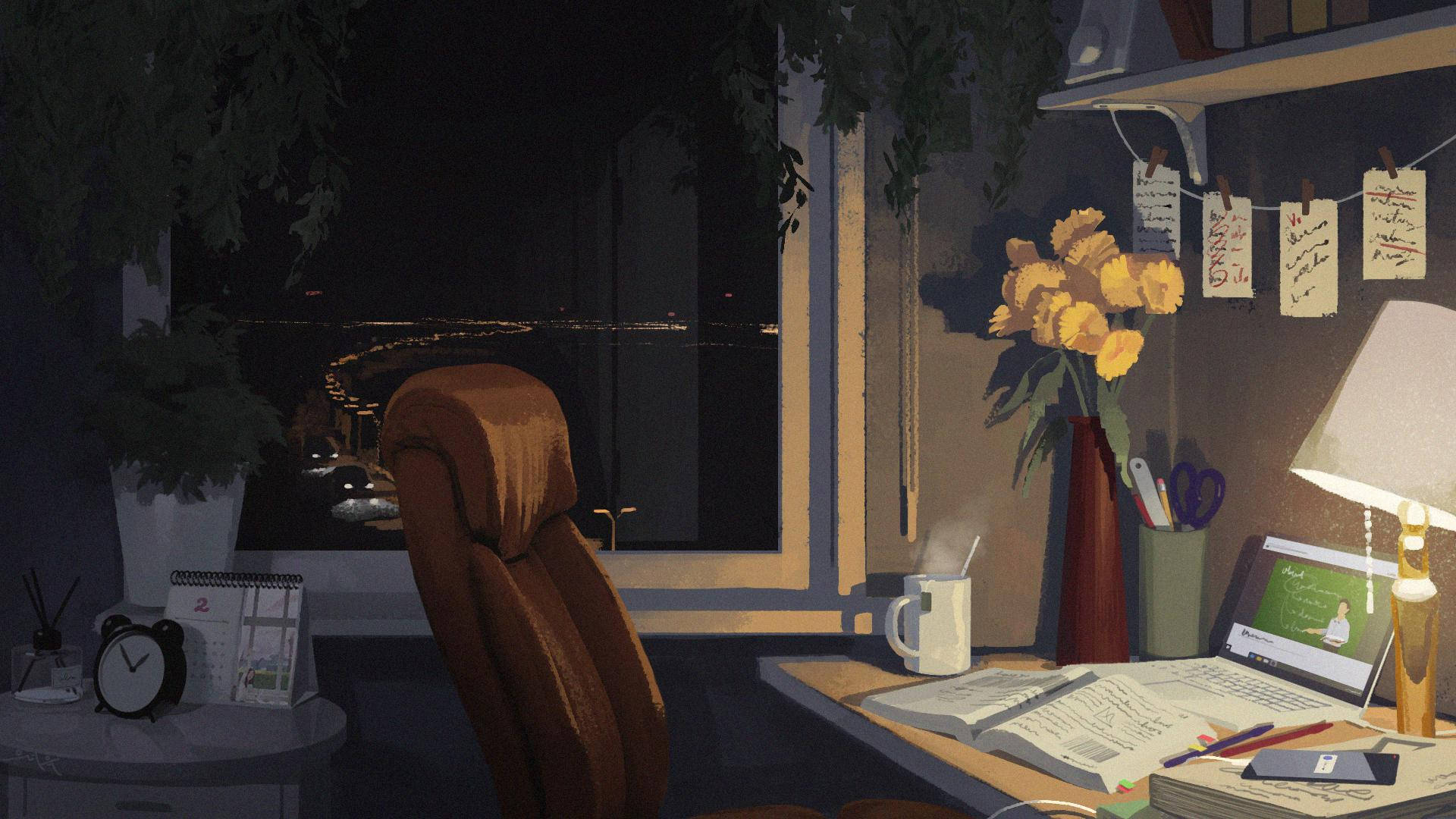 Animated Study Corner, nighttime, warm lamp light, Full HD Desktop Wallpaper