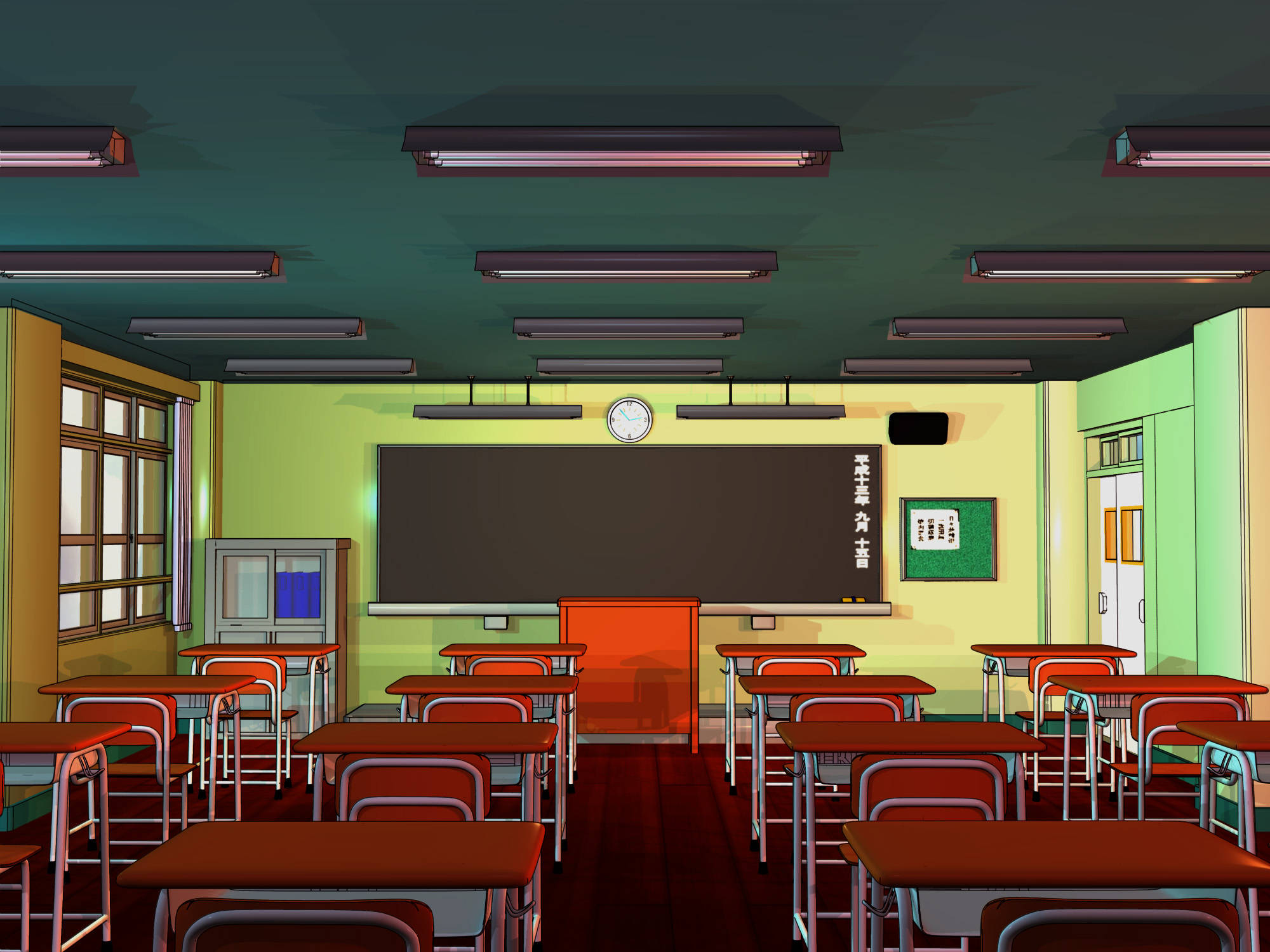 3D Anime Classroom, red desks, blackboard, Full HD Desktop Wallpaper