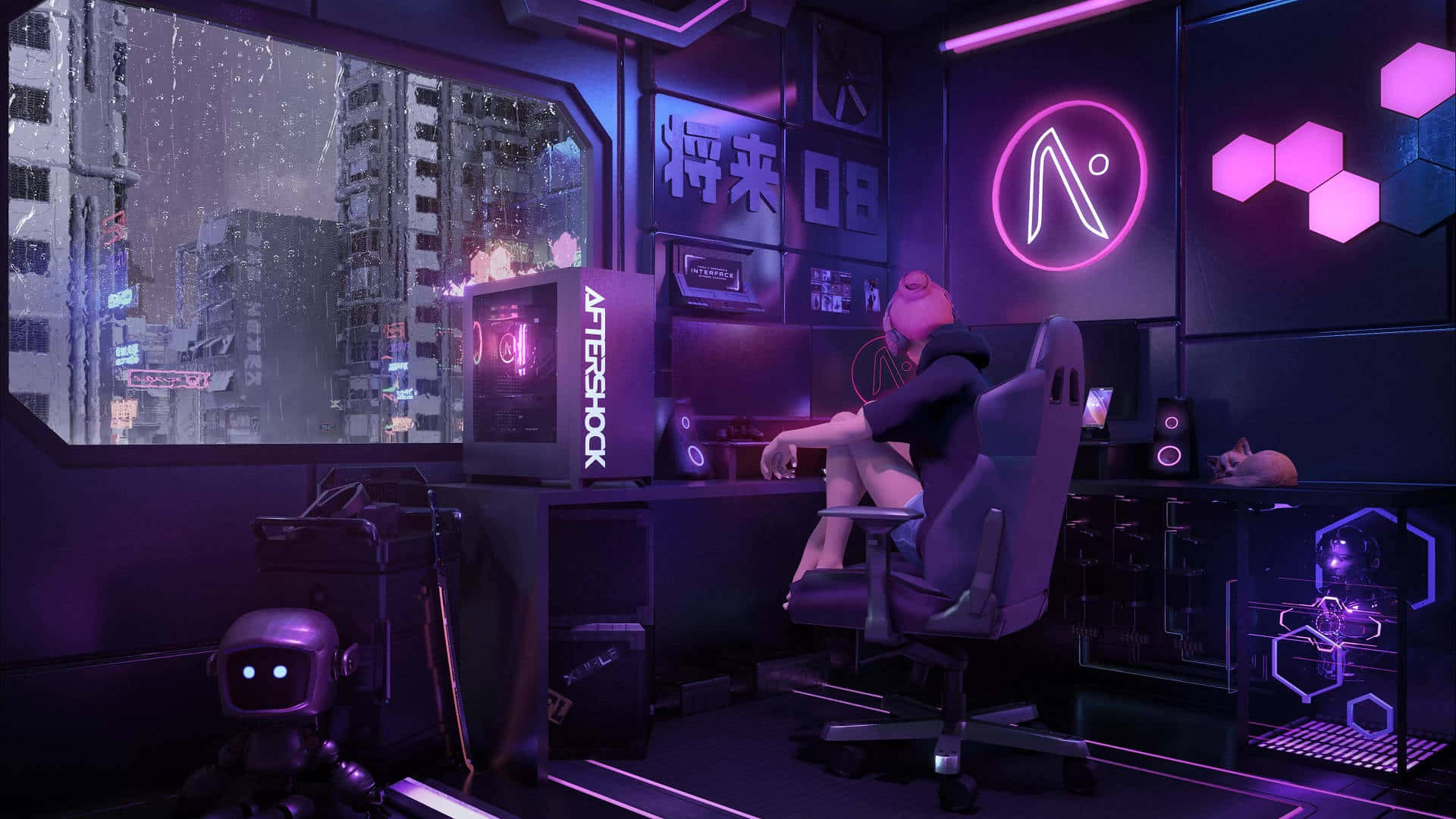 futuristic anime gamer room, neon-lit cyberpunk room, rain-streaked windows, Full HD Desktop Wallpaper