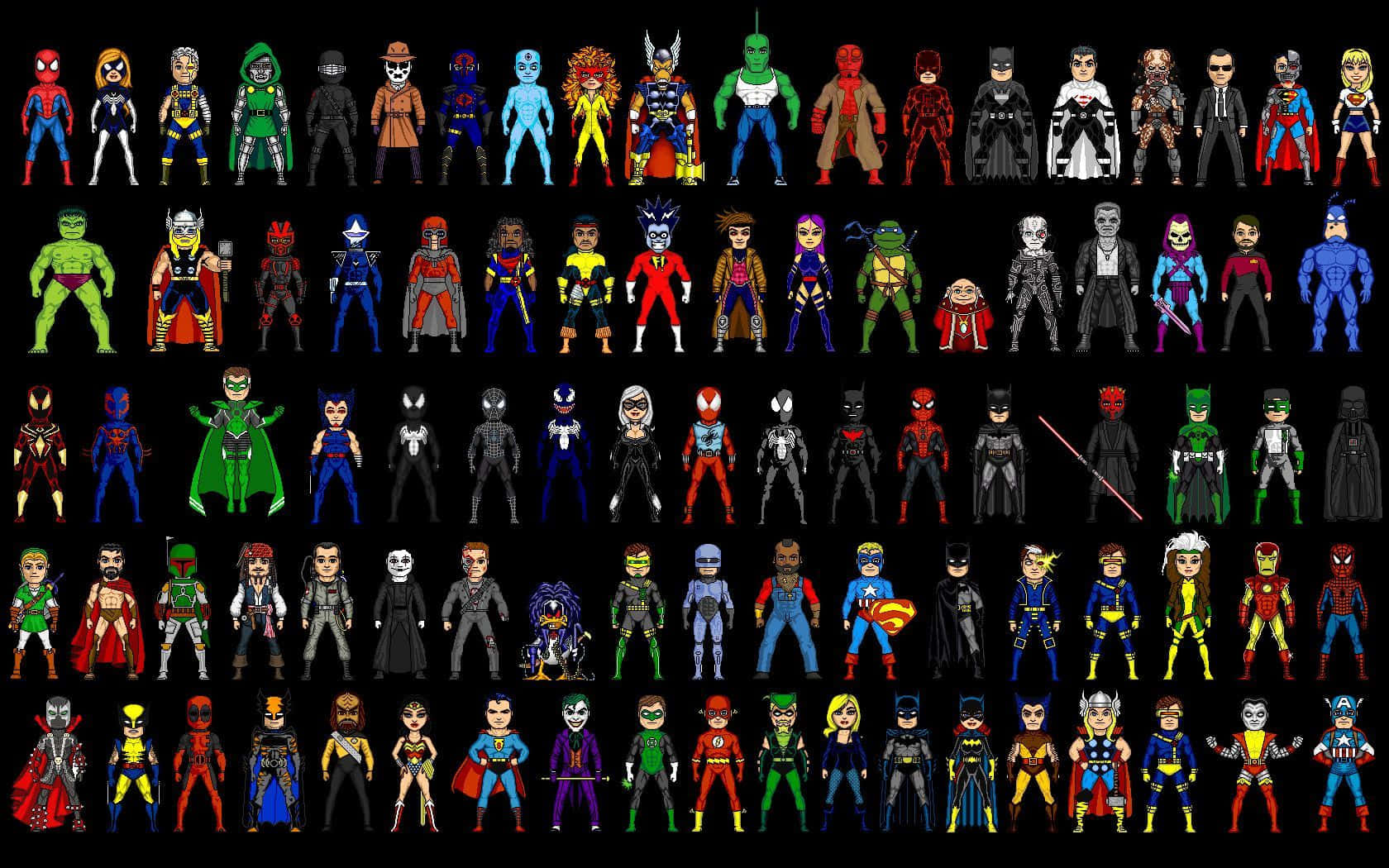 animated superhero movies, chibi-style superhero characters, vibrant costumes, HD Desktop Wallpaper