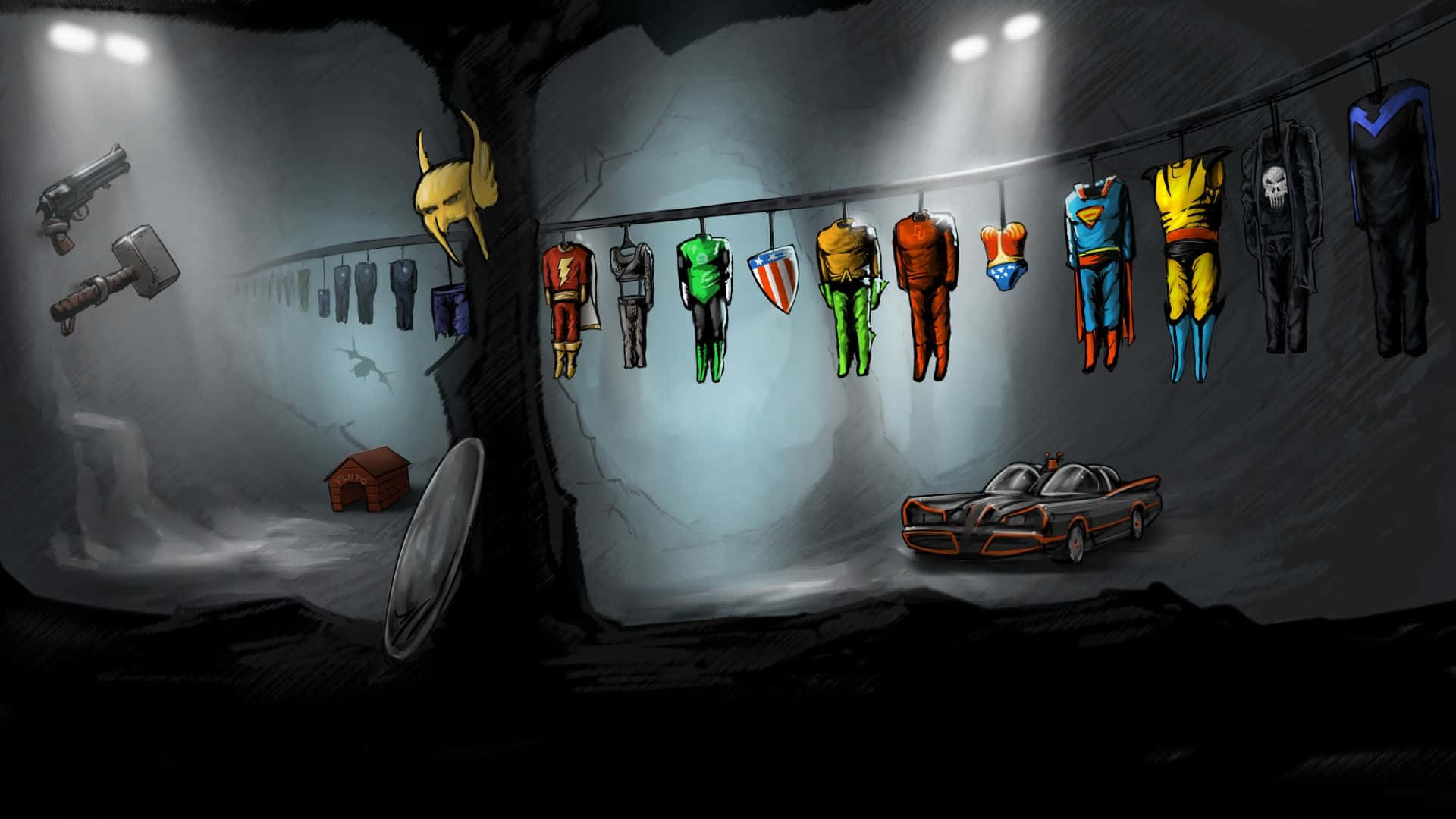 Animated Superhero Movies, dark cave, spotlights, Full HD Desktop Wallpaper