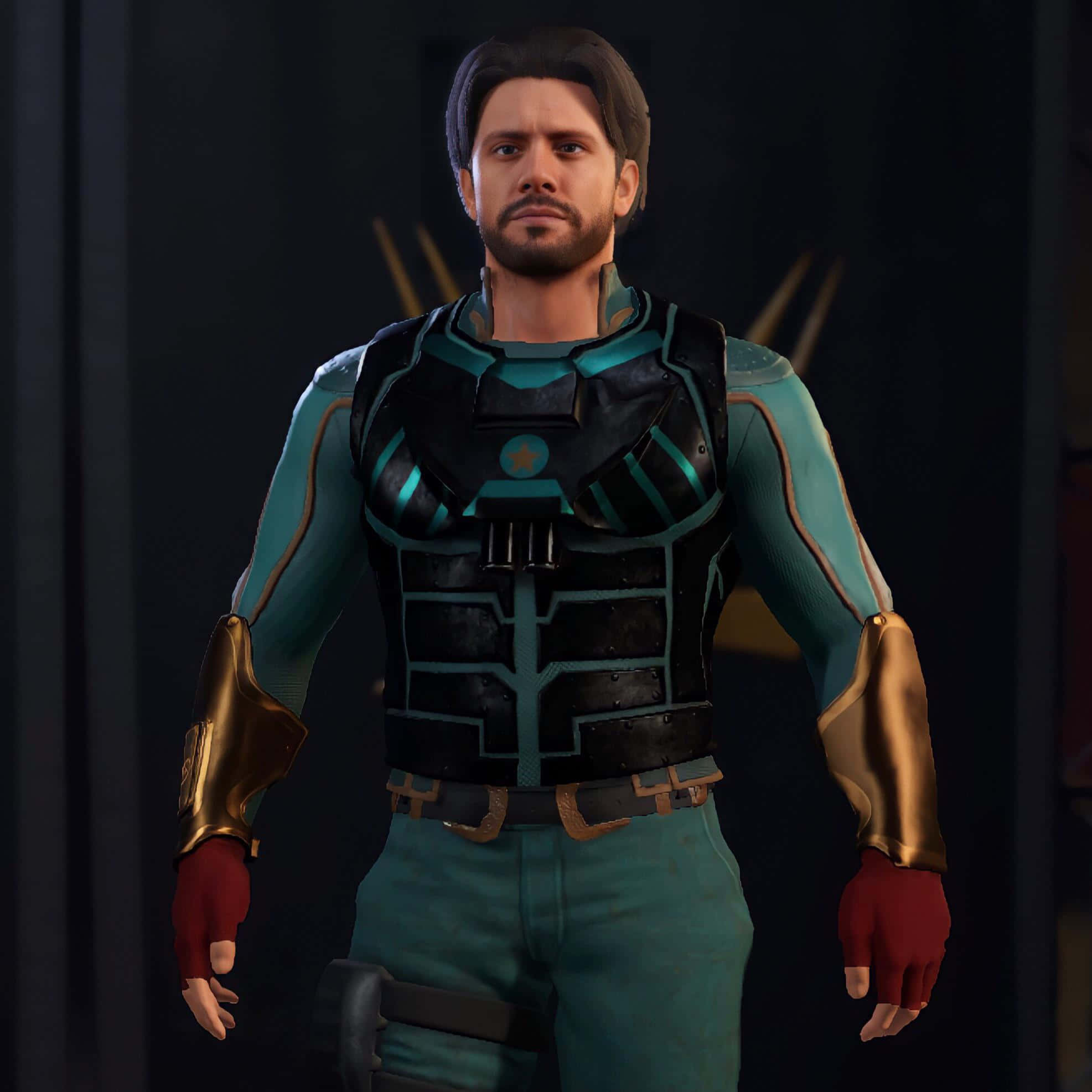 teal and black armored suit, gold bracers, red gloves, Full HD Desktop Wallpaper