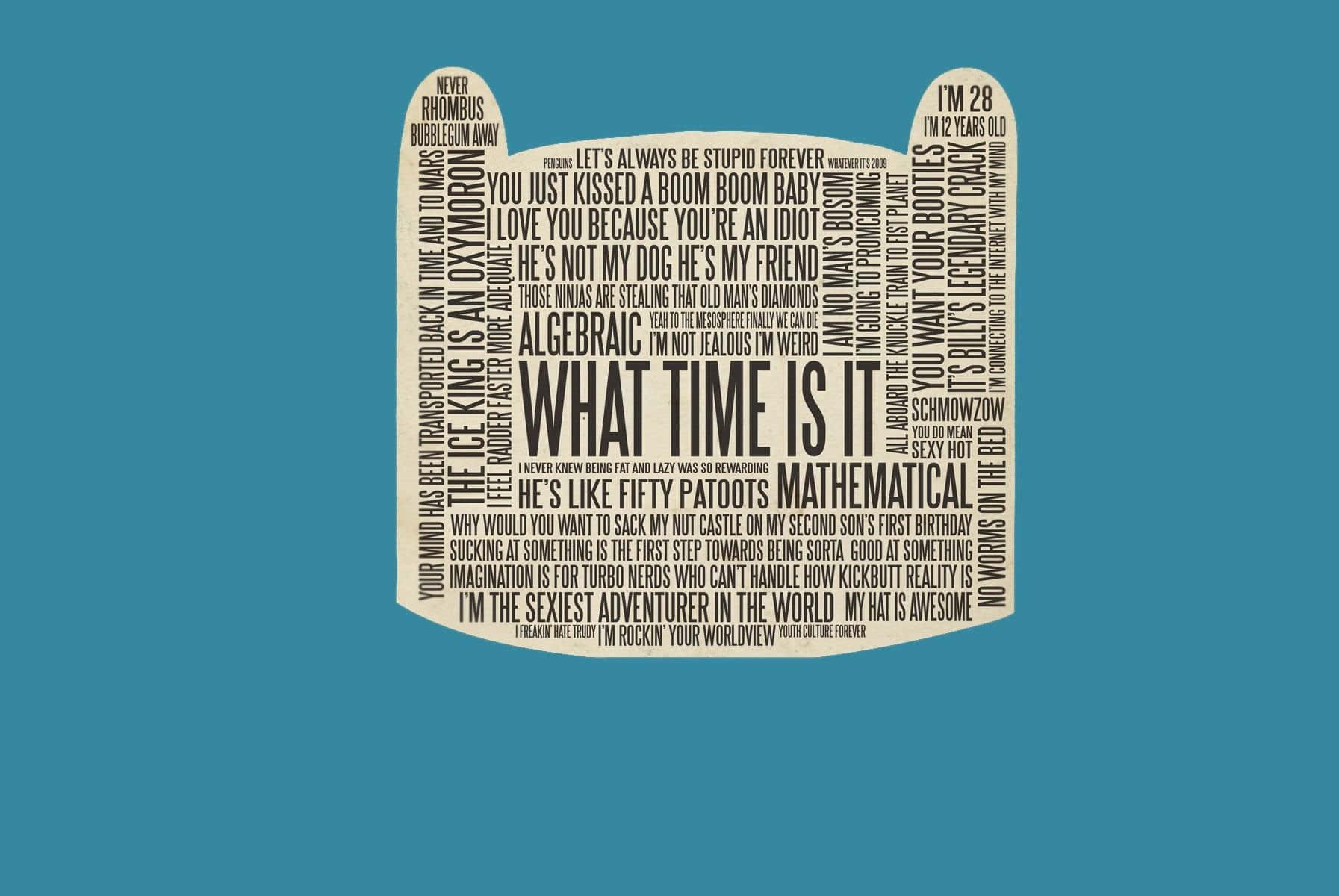 beige cat-shaped typography art piece, humorous phrases, teal background, HD Desktop Wallpaper