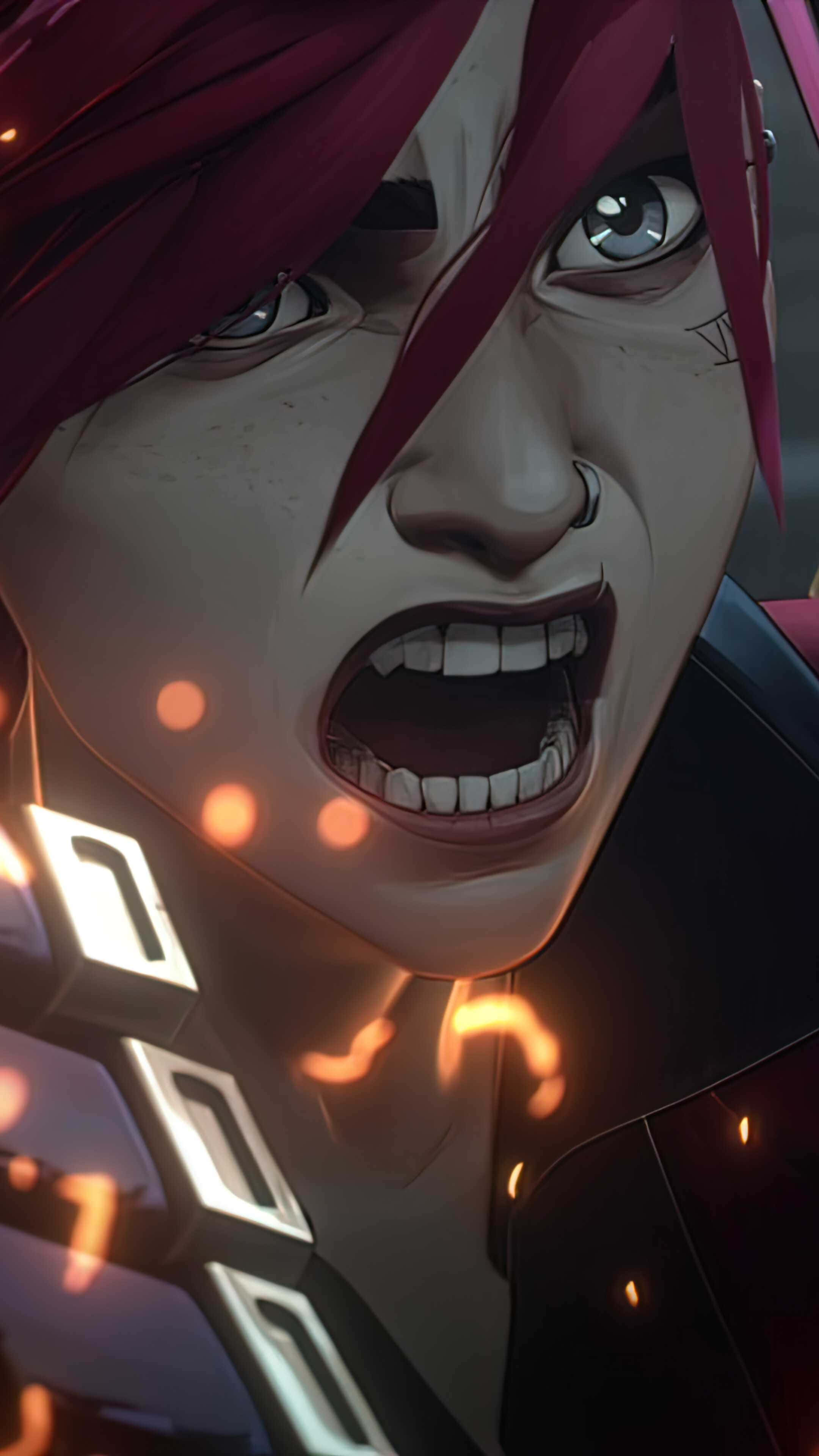 anime character, magenta hair, glowing orange energy particles, 4K Phone Wallpaper