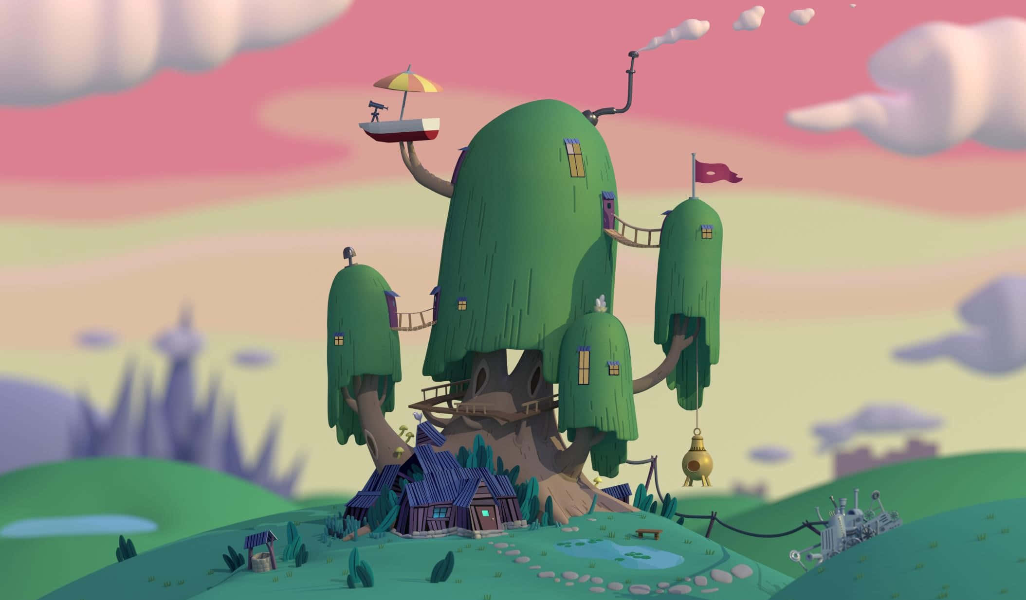 animated TV series, whimsical treehouse village, colorful houses, Full HD Desktop Wallpaper