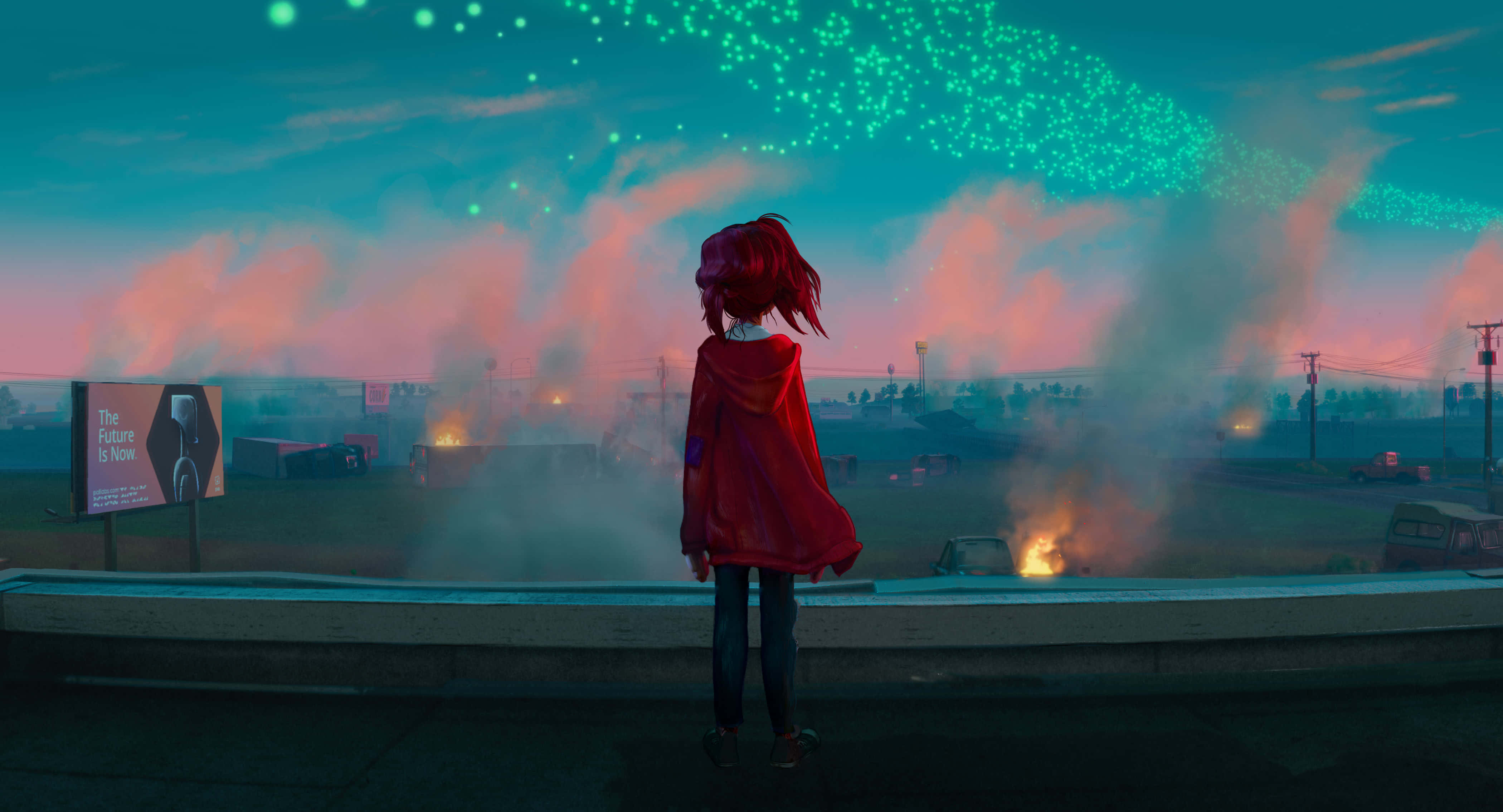 red-caped figure, overpass, surreal sunset, 4K Desktop Wallpaper