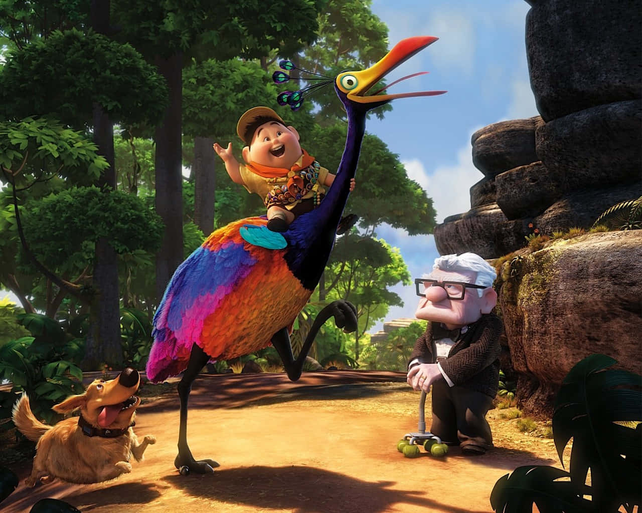 animated adventure film, joyful animated boy, vibrant rainbow-colored bird, HD Desktop Wallpaper