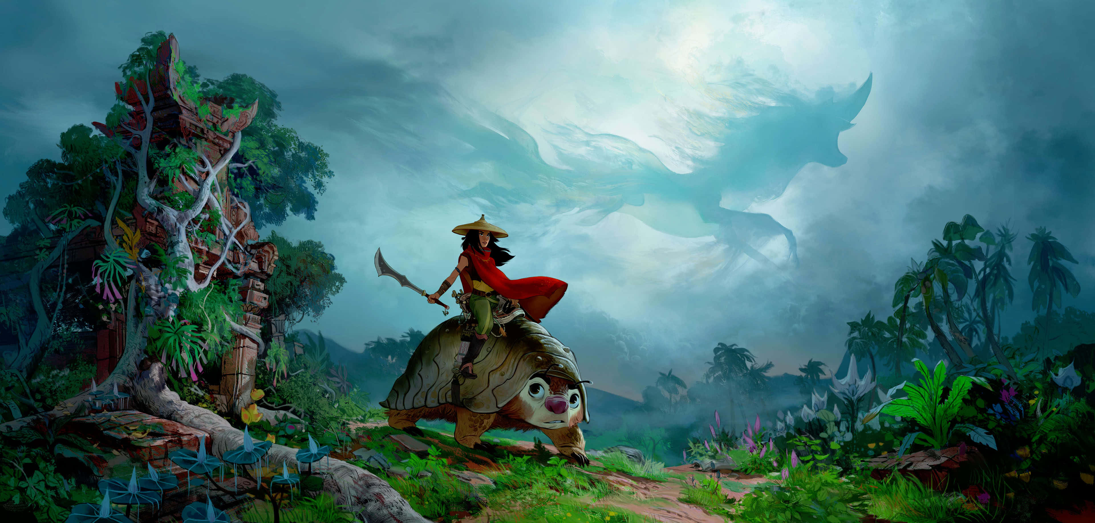 red cloak, giant turtle, misty jungle, 4K Desktop Wallpaper