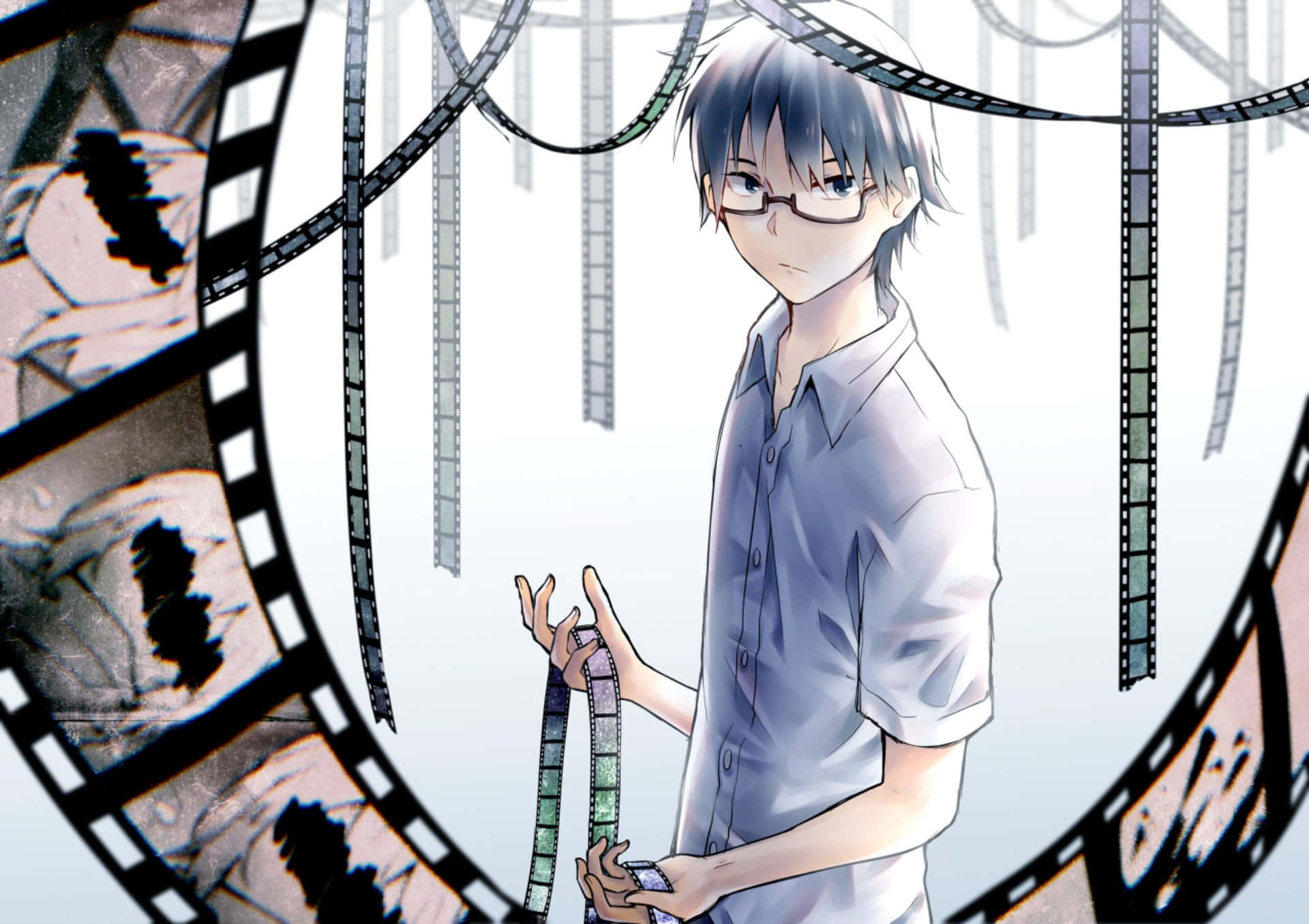 anime boy, glasses, film strip, Full HD Desktop Wallpaper