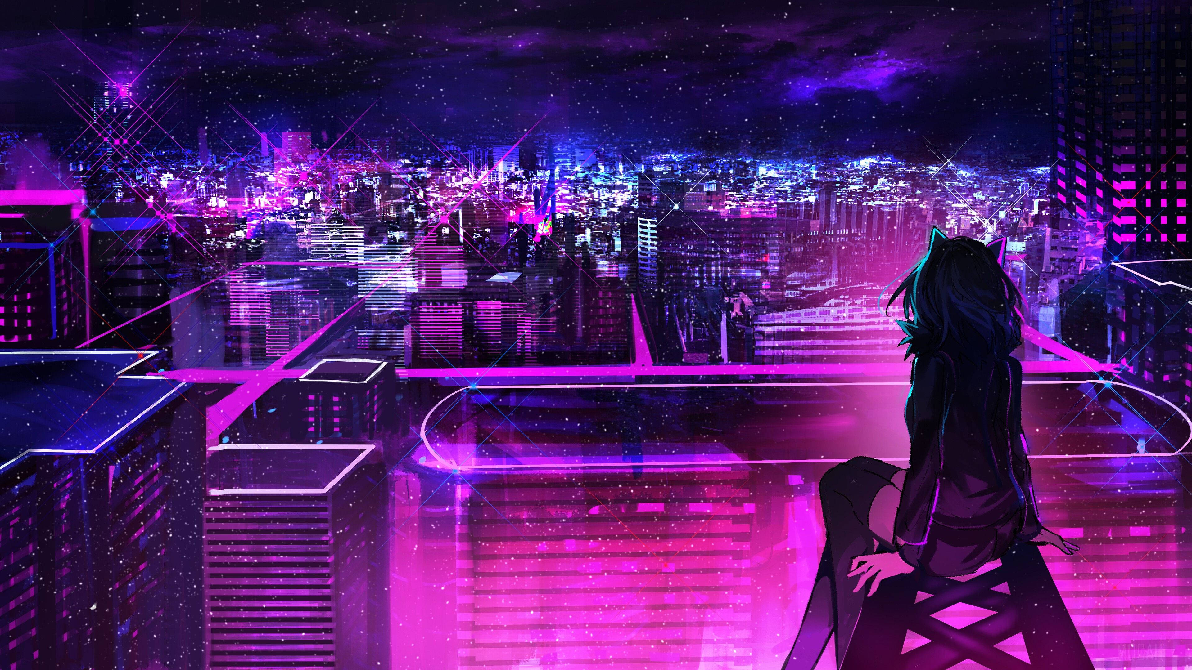 anime girl, cat ears, rooftop, 4K Desktop Wallpaper
