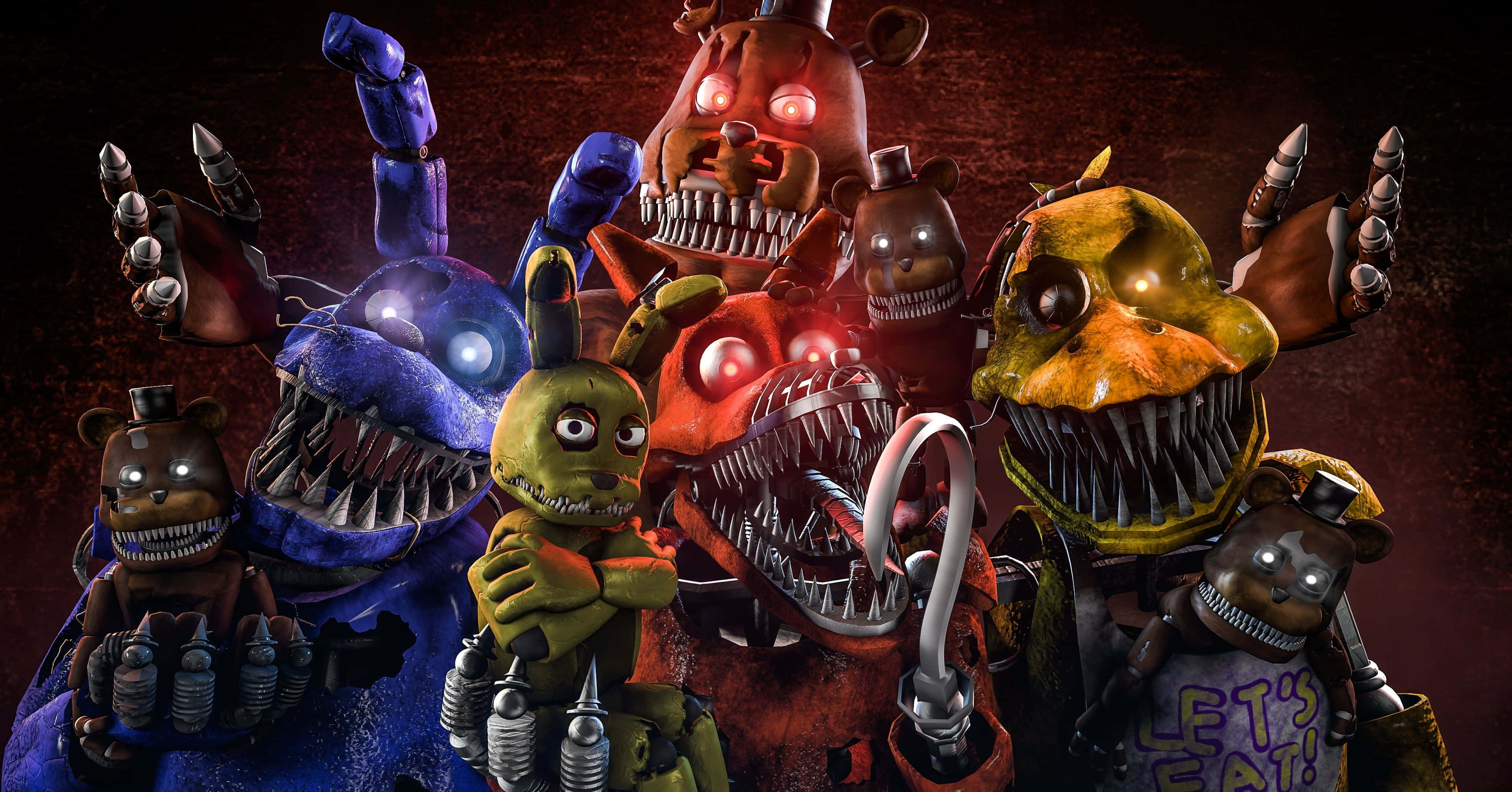animatronic figure, glowing eyes, sharp teeth, 4K Desktop Wallpaper