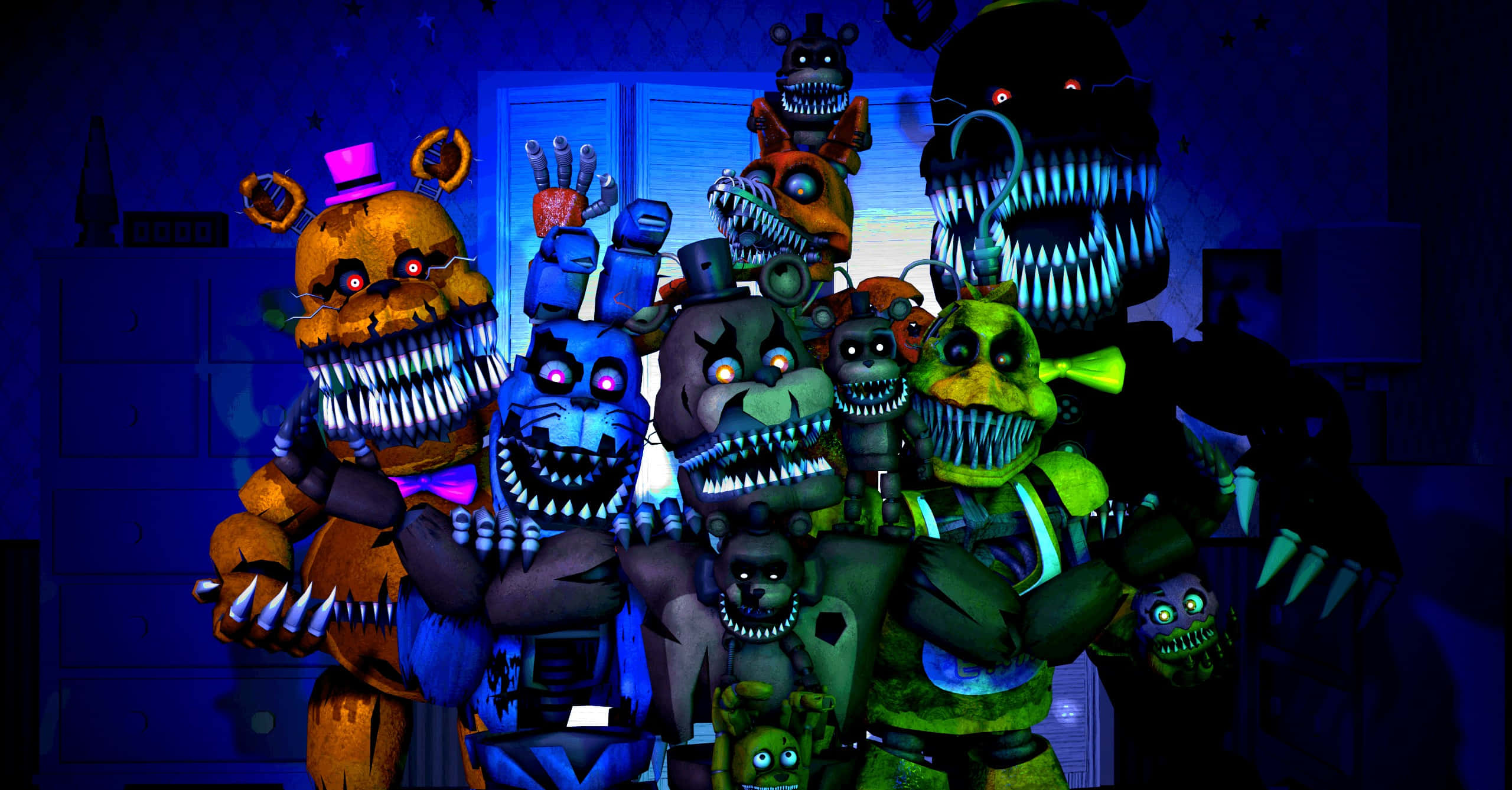 Animatronics, glowing eyes, sharp teeth, 2K Desktop Wallpaper