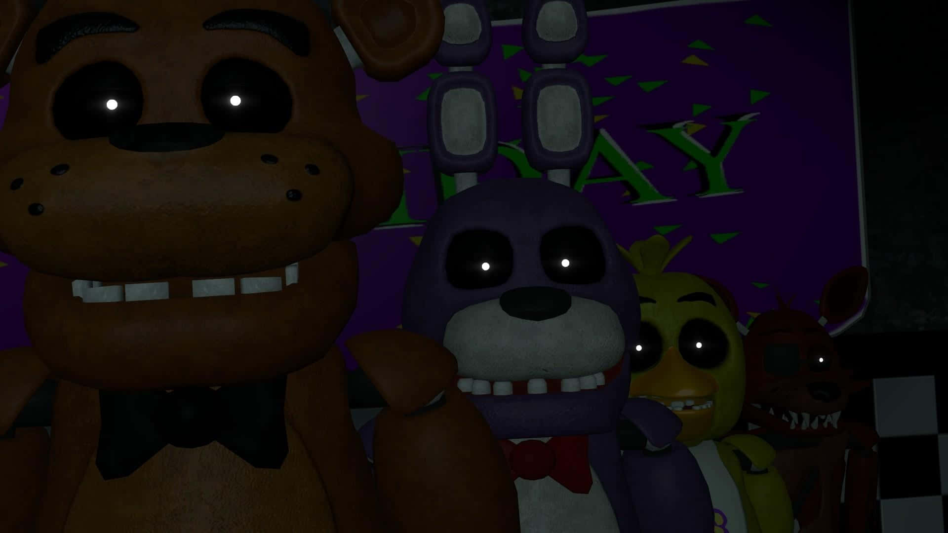 Animatronics, glowing eyes, dimly lit room, Full HD Desktop Wallpaper