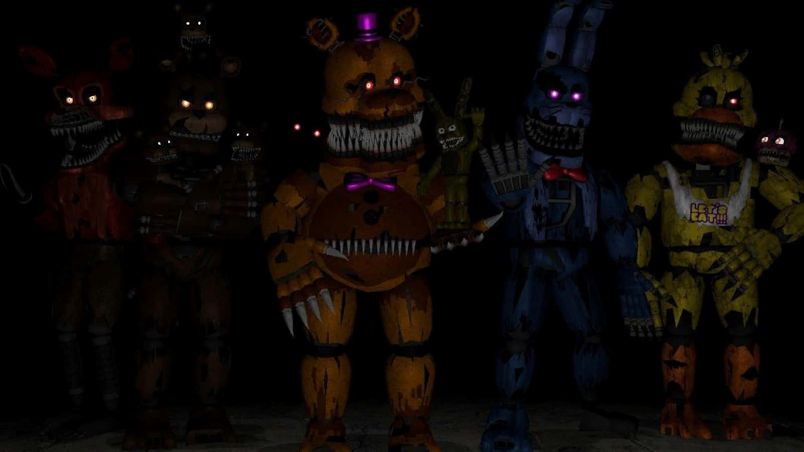 animatronics, glowing eyes, dark room, HD Desktop Wallpaper