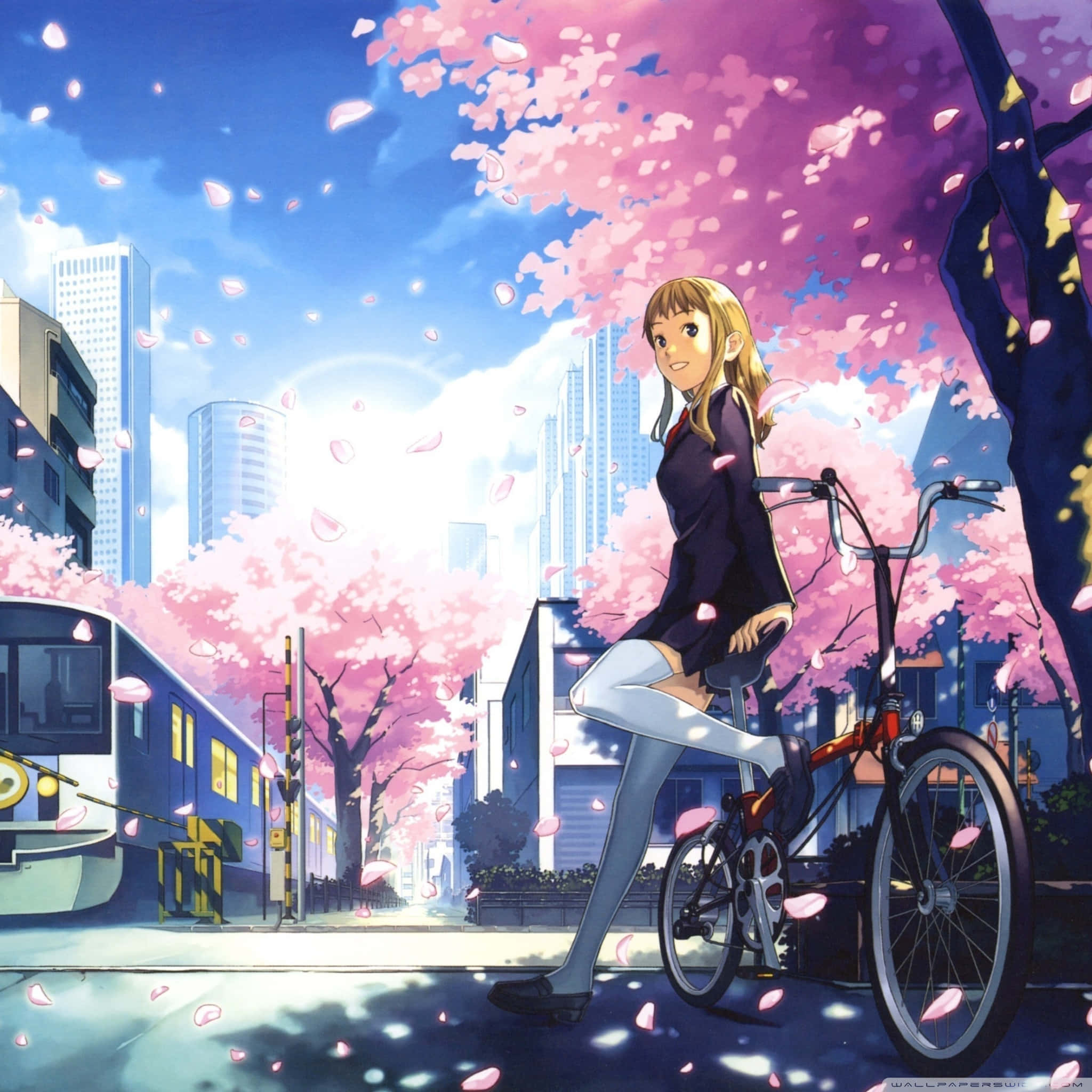 Anime 4K iPad, blonde hair, red bicycle, Full HD Desktop Wallpaper