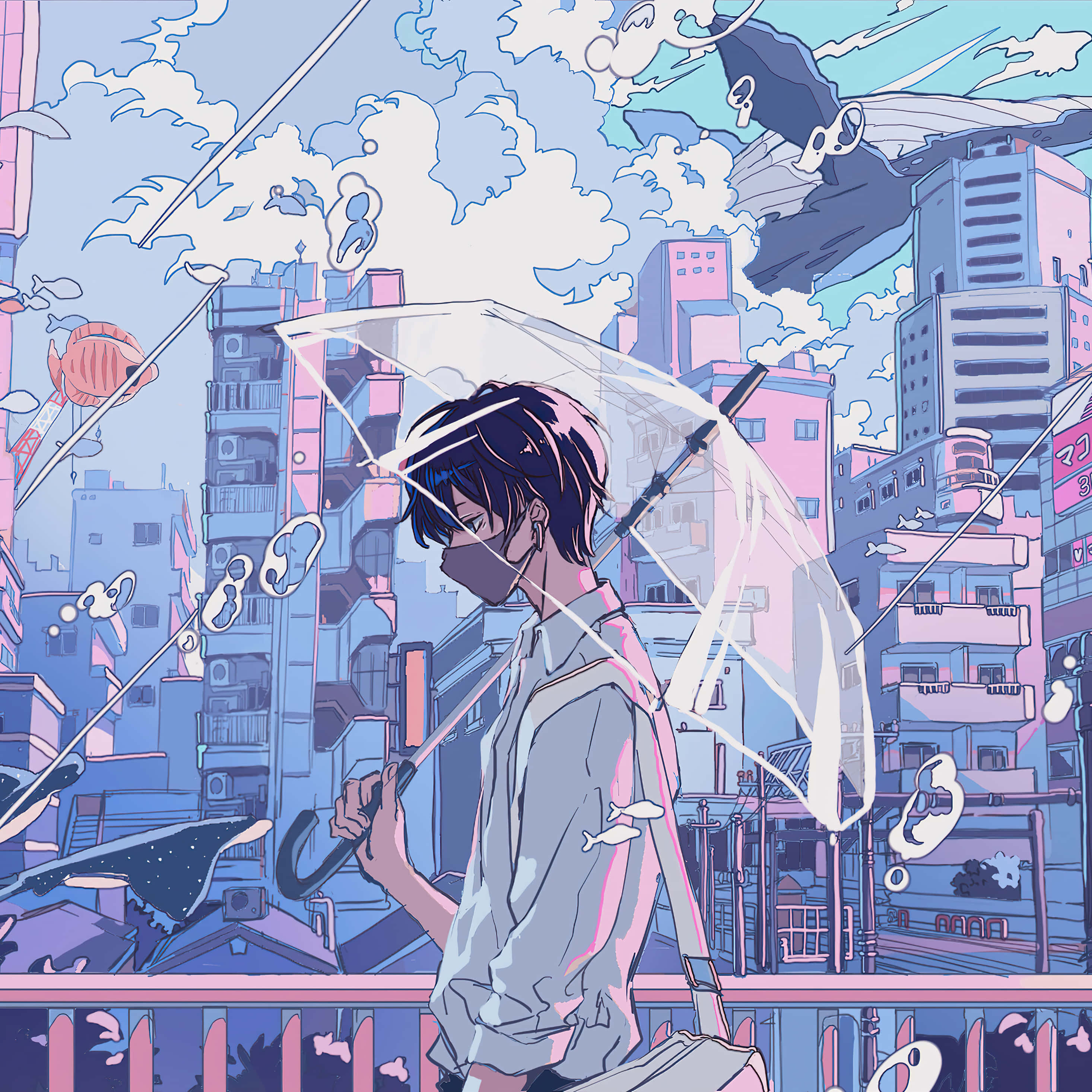 anime teen, clear umbrella, surreal floating clouds, 2K Desktop Wallpaper