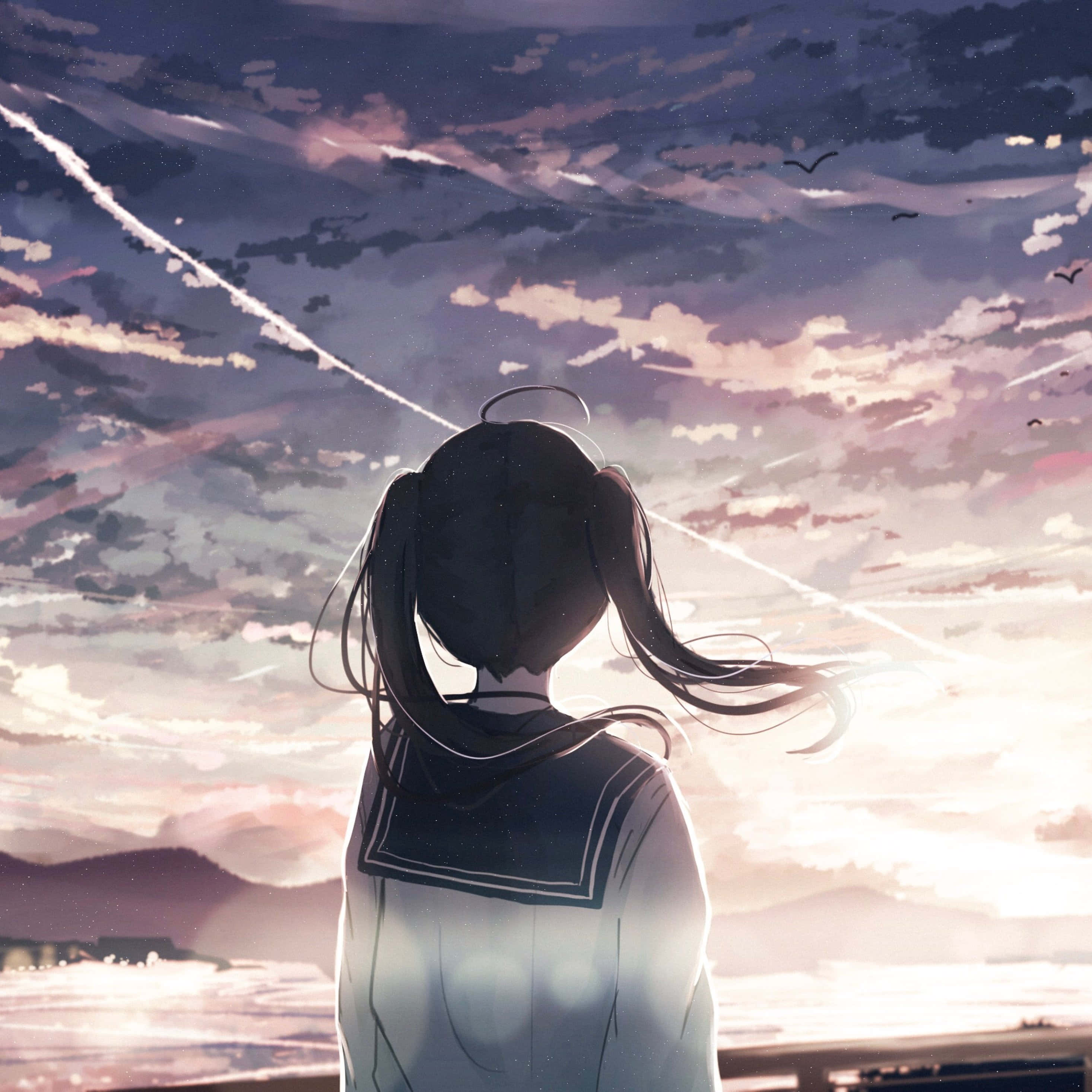 twin ponytails, vibrant sunset sky, pink purple and gold clouds, 2K Desktop Wallpaper