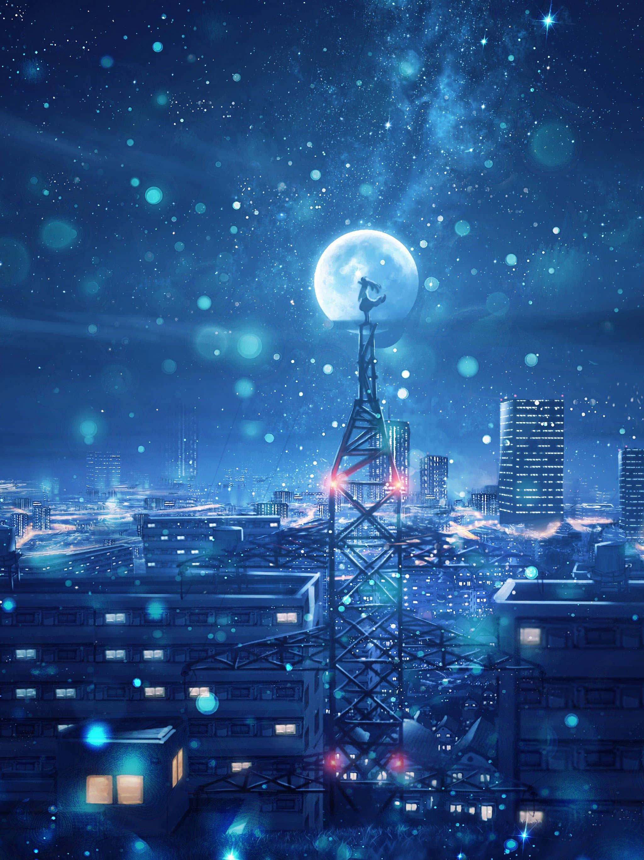 Anime 4K iPad, glowing full moon, futuristic cityscape, 2K Phone Wallpaper
