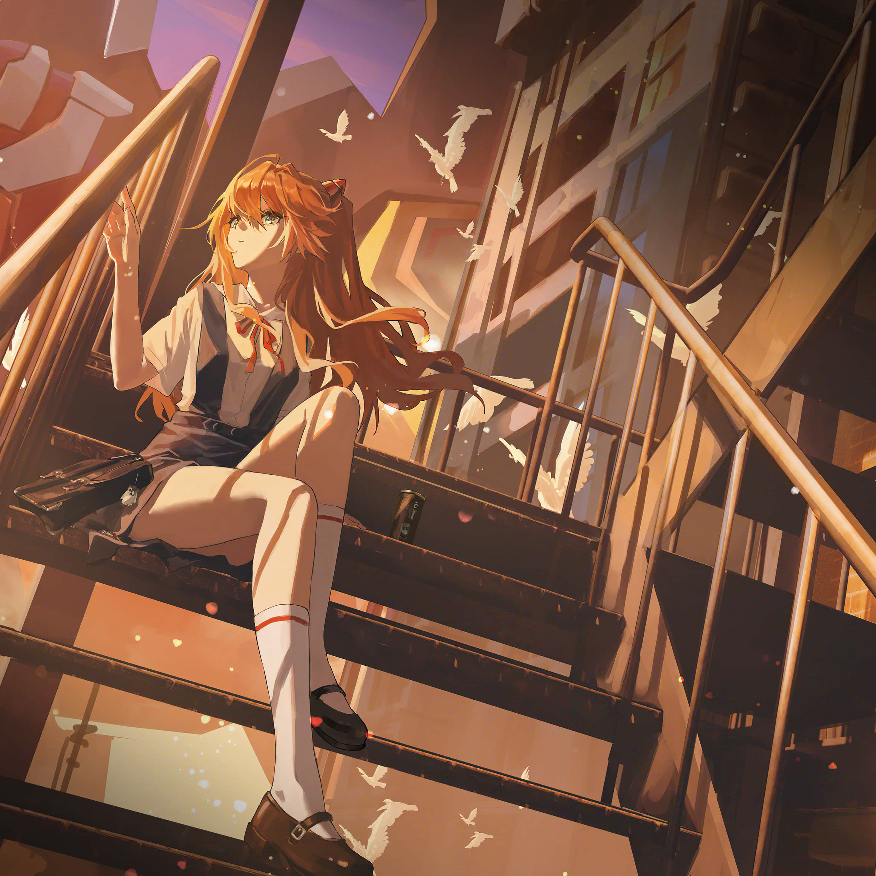 4K iPad, anime girl, orange hair, 2K Desktop Wallpaper