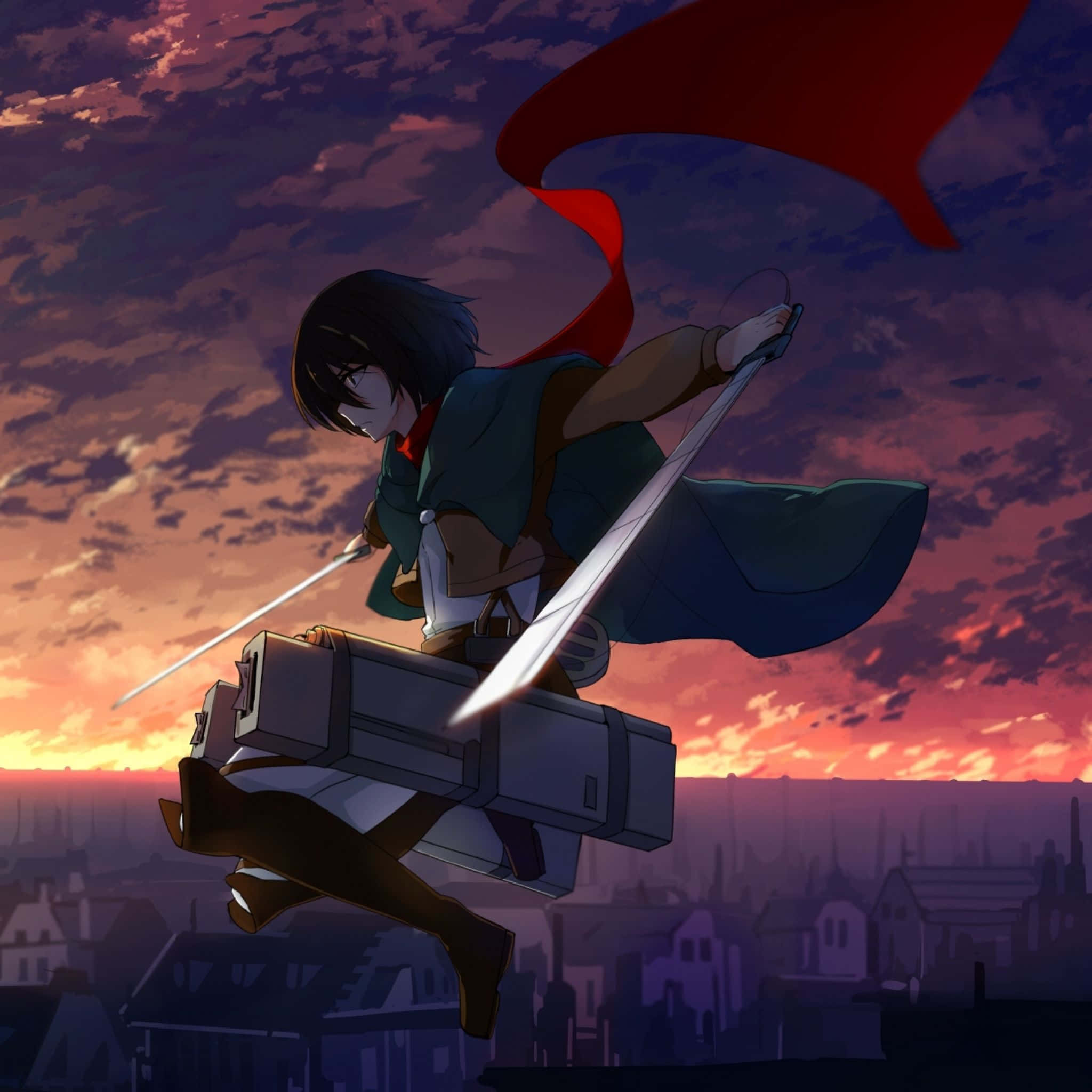 anime warrior, city at sunset, two swords, Full HD Desktop Wallpaper