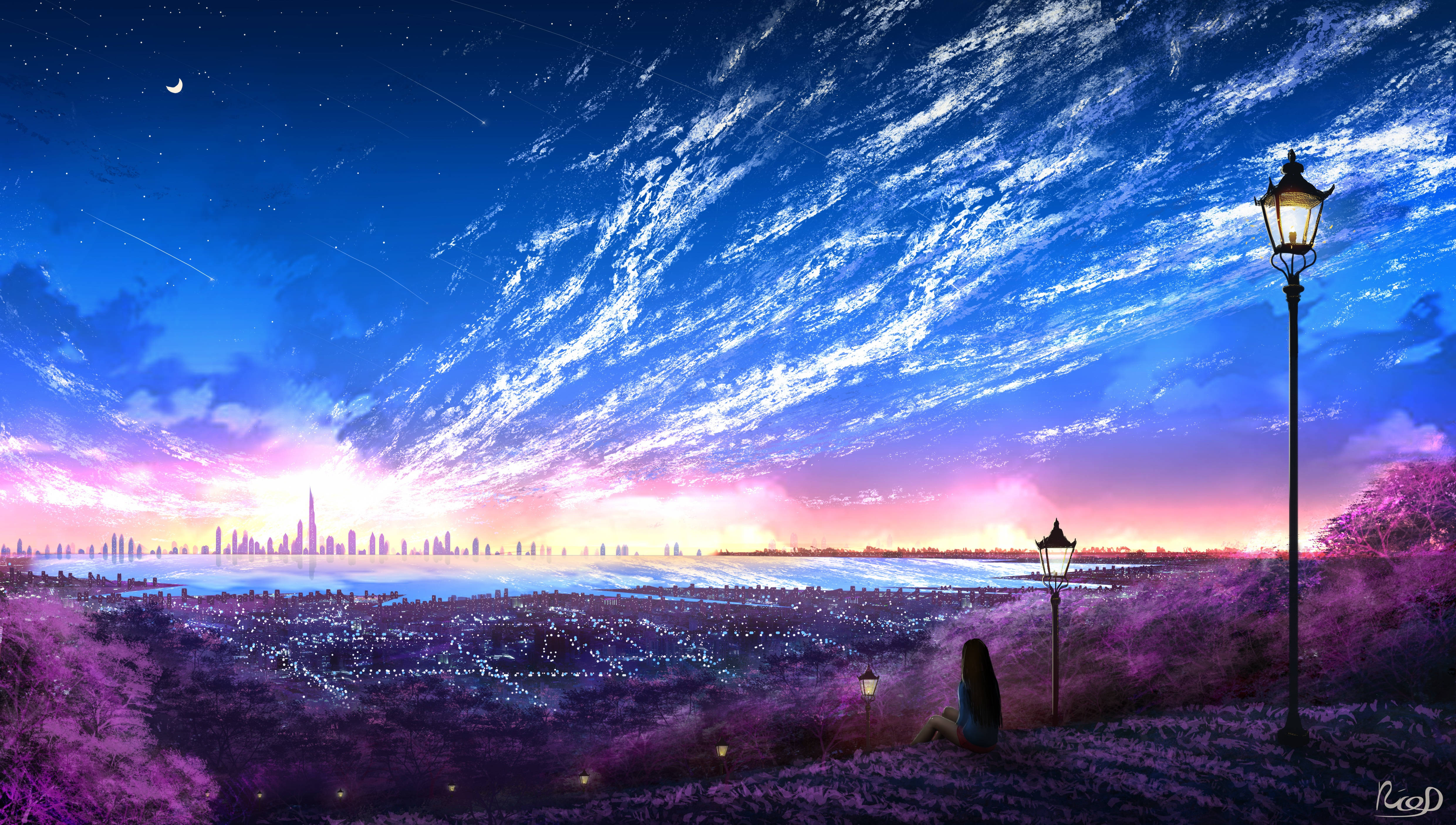 Aesthetic Purple Anime 4K, twilight sky, streaking clouds, 4K Desktop Wallpaper