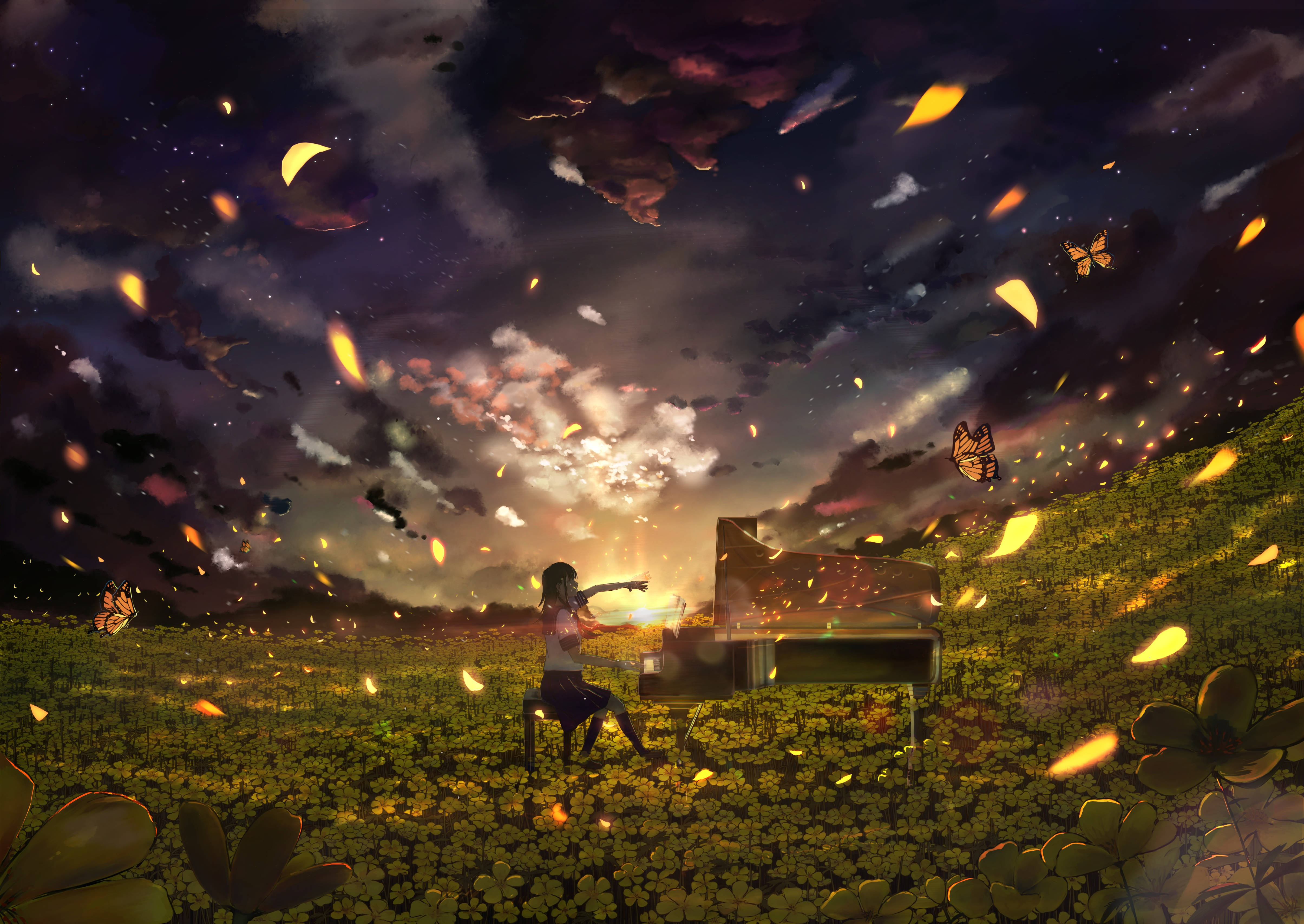 girl, piano, field of yellow flowers, 4K Desktop Wallpaper