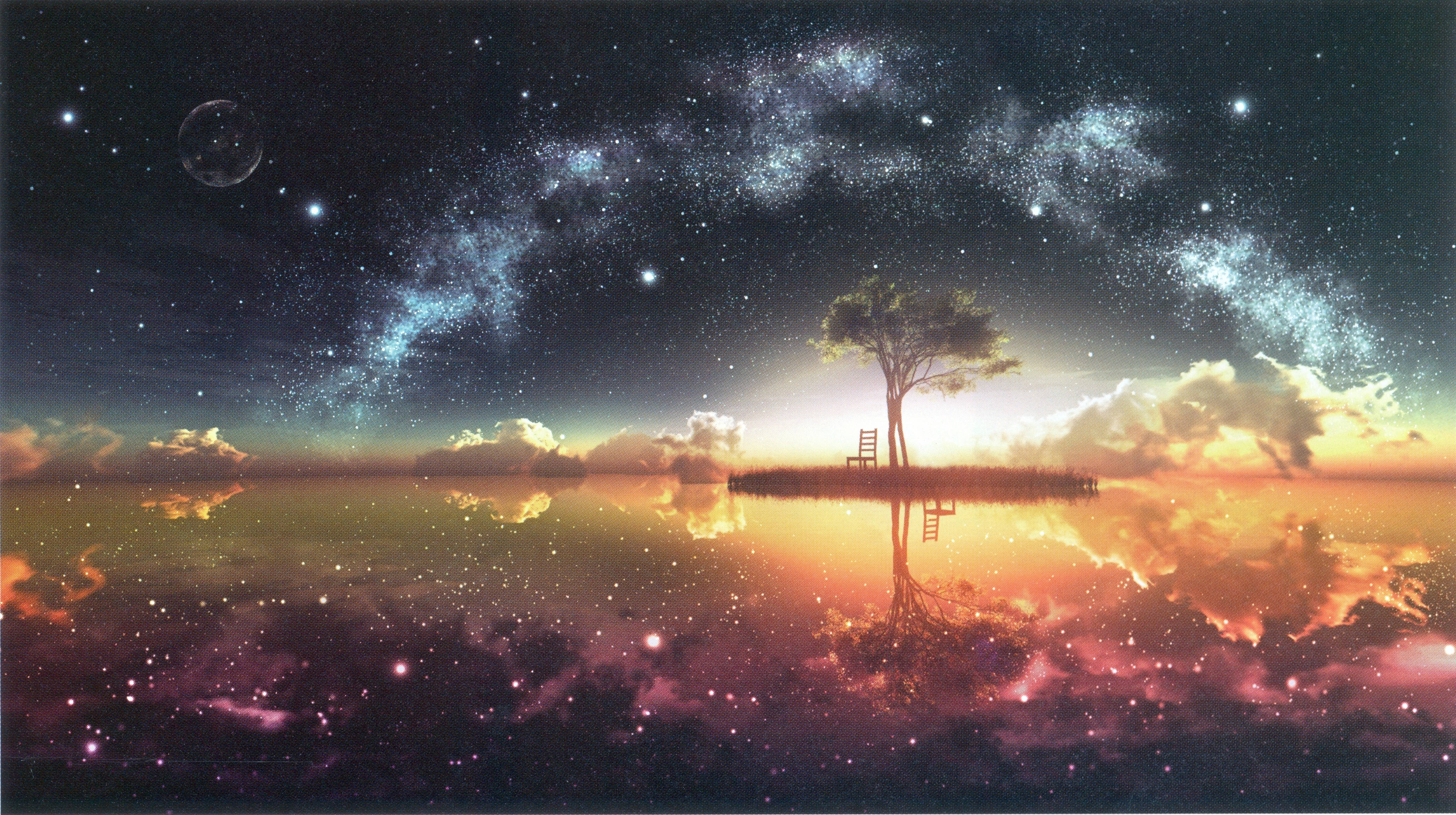 Fantasy Sky And Tree, floating island, starry galaxy sky, 4K Desktop Wallpaper