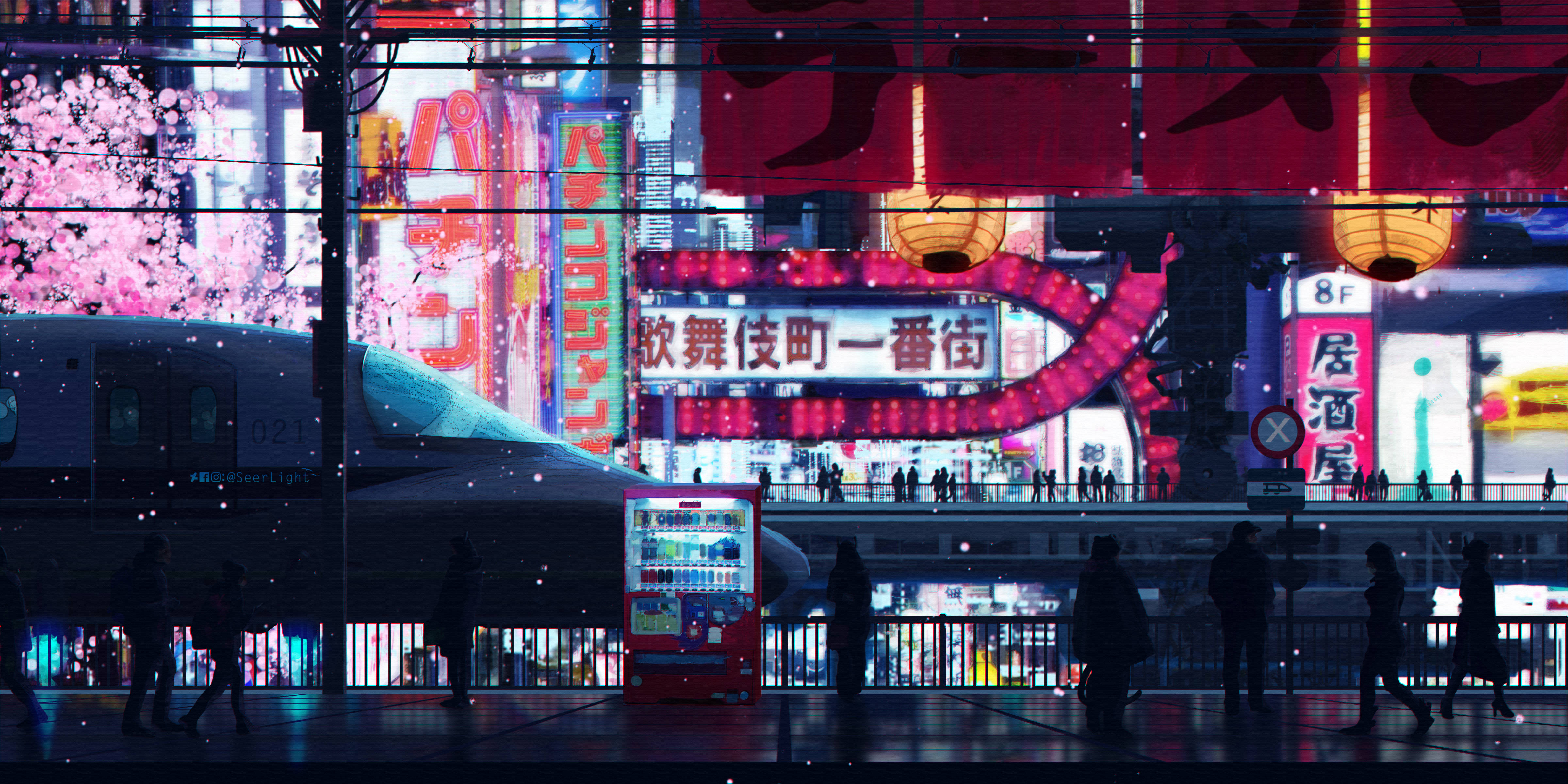 Night Life Anime 4K, neon signs, cherry blossoms, 4K Desktop Wallpaper