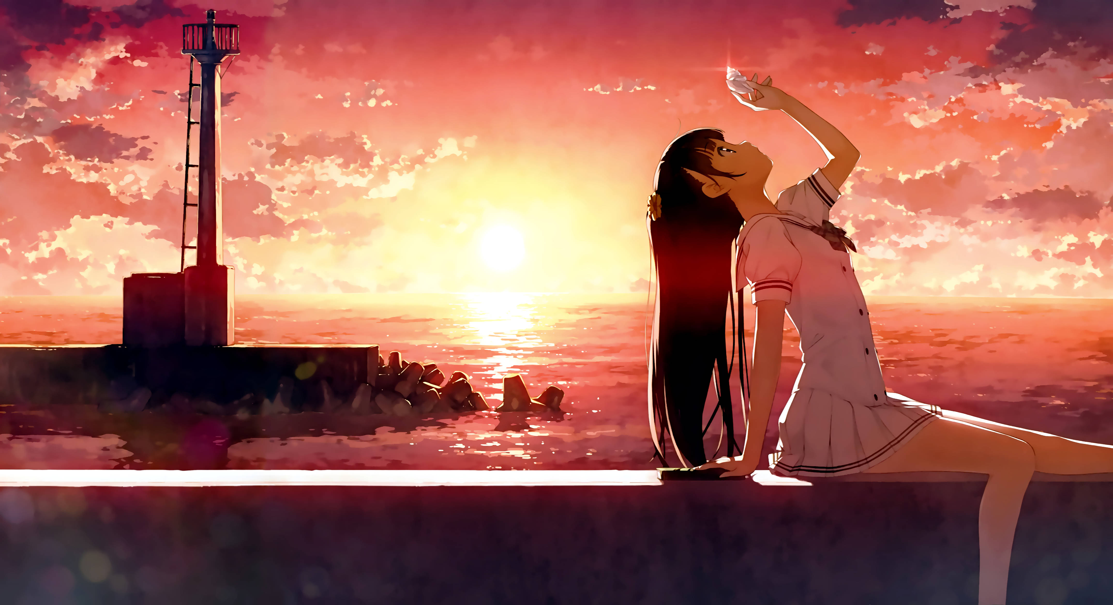 Aesthetic Girl Anime 4K, school uniform, pier, 4K Desktop Wallpaper
