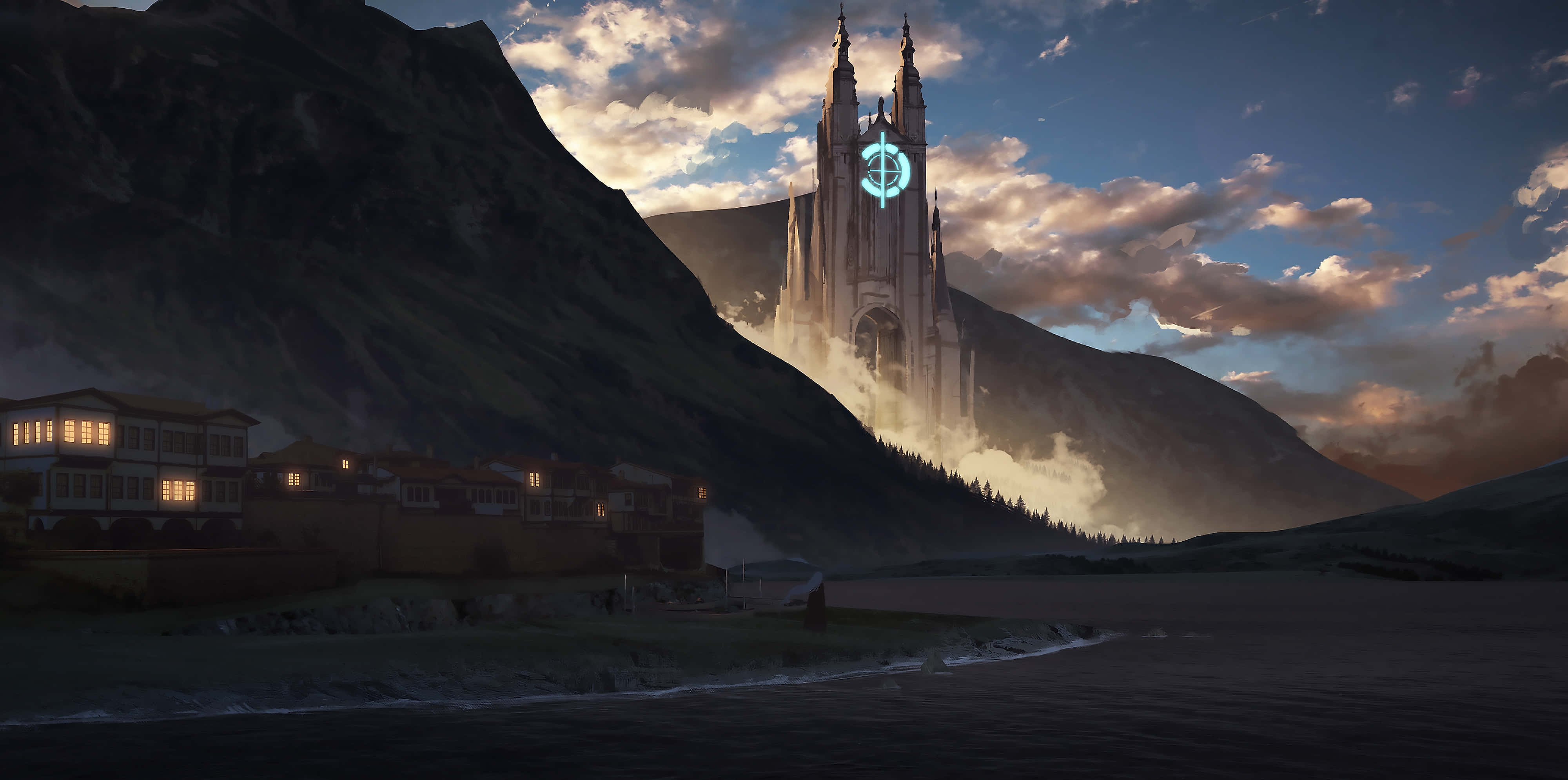 glowing cathedral, misty mountains, twilight, 4K Desktop Wallpaper