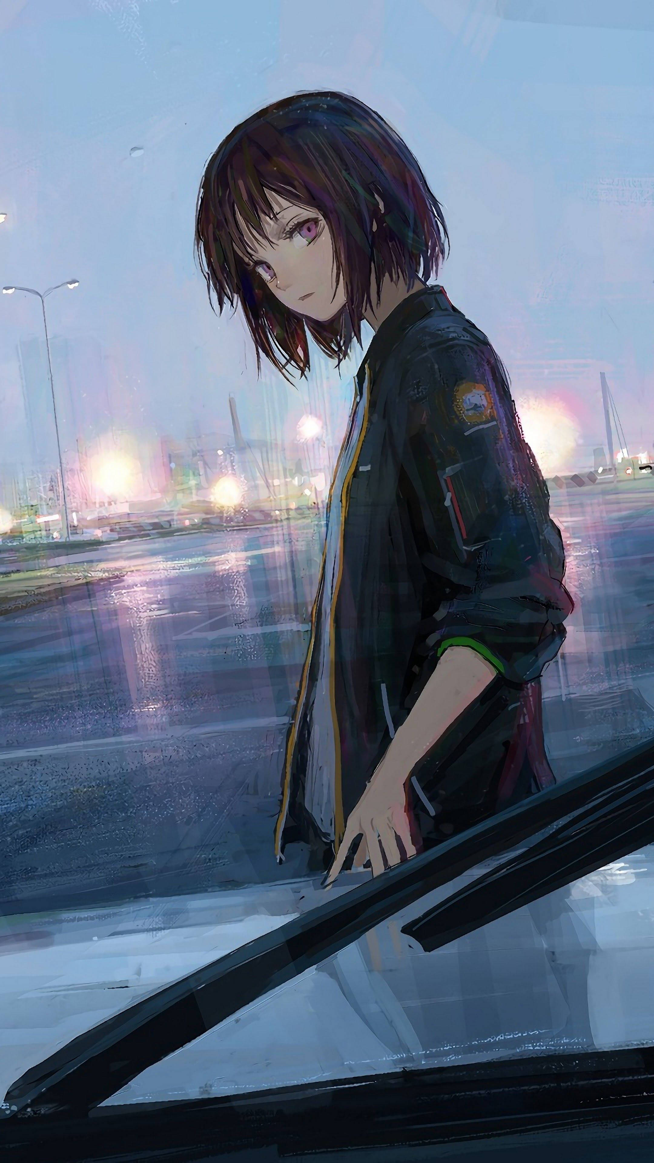 K Anime Art, cute girl, purple eyes, 4K Phone Wallpaper