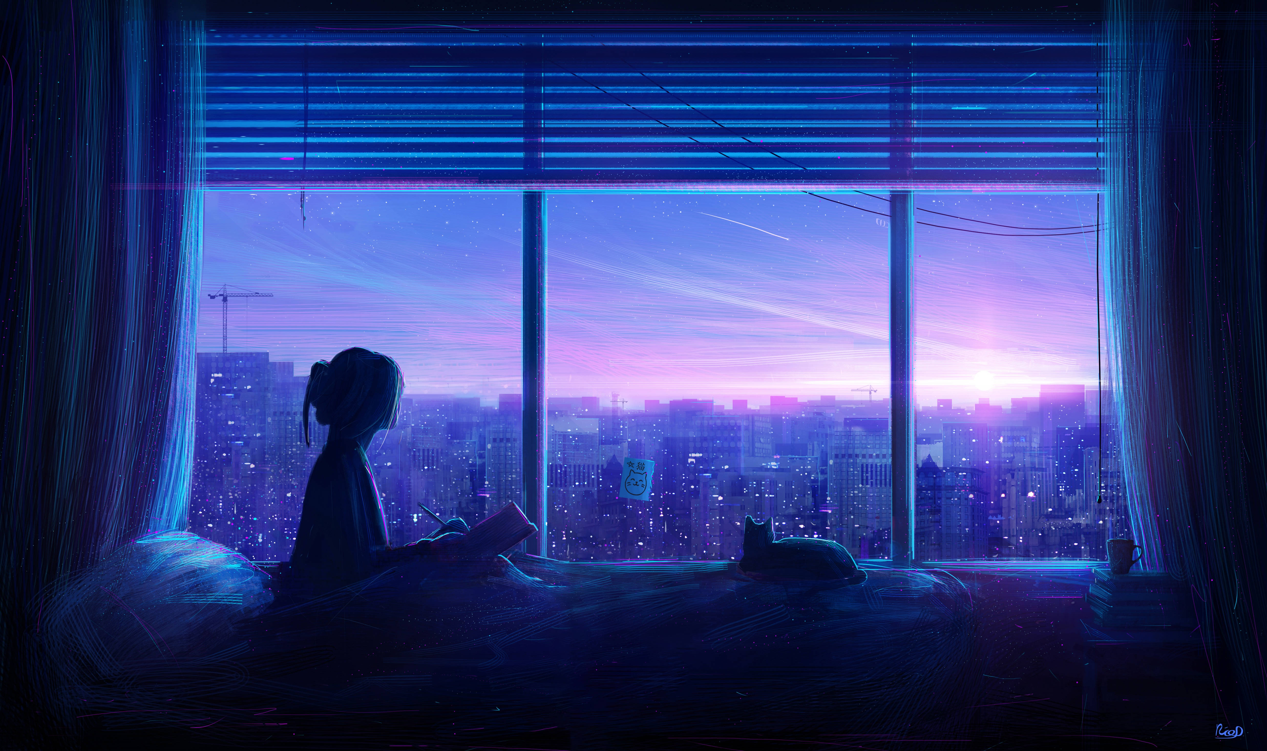 Girl With Cat, Anime 4K, glowing purple and blue cityscape, 4K Desktop Wallpaper