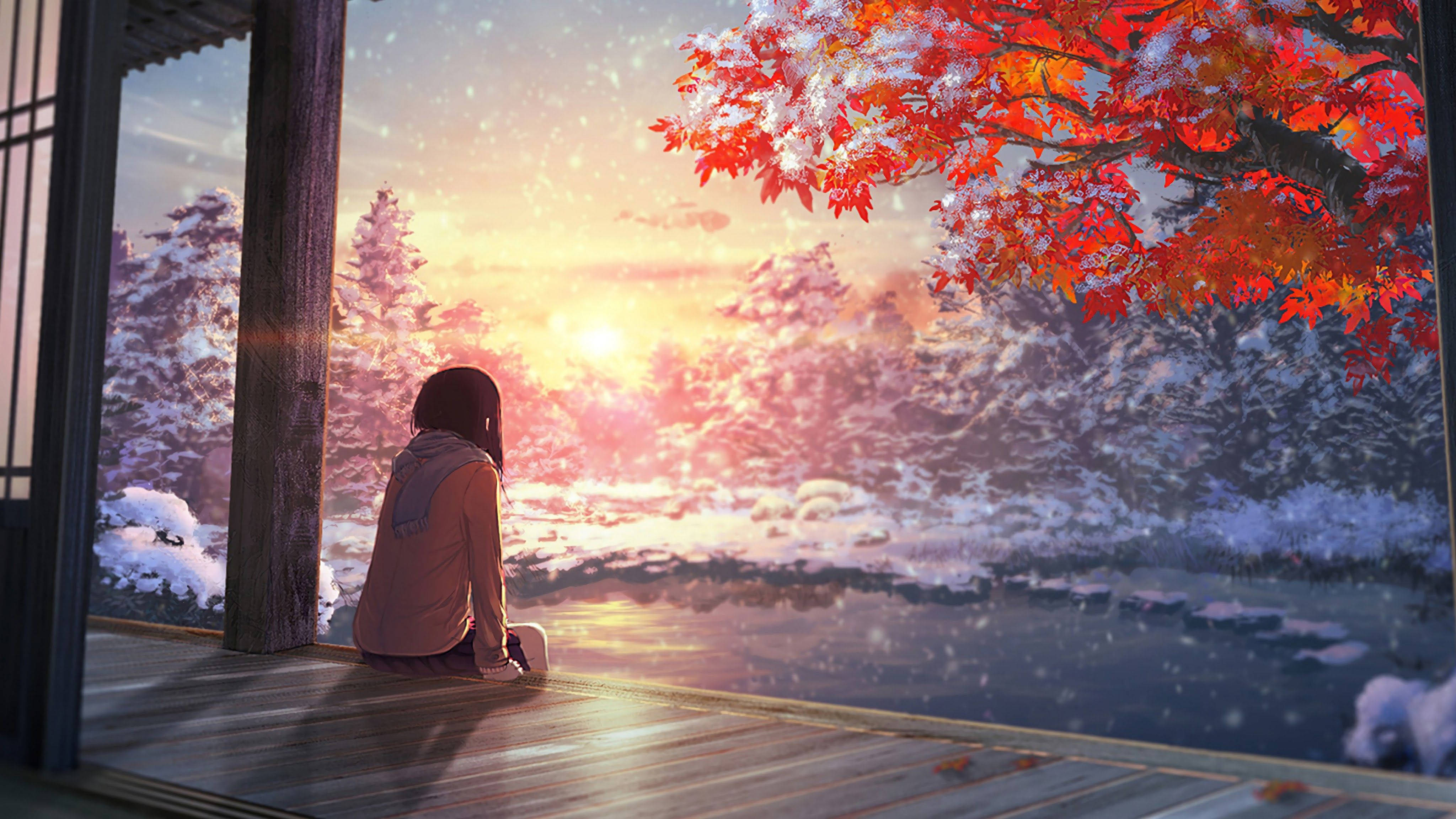 Winter Season Anime 4K, wooden porch, vibrant red maple tree, 4K Desktop Wallpaper