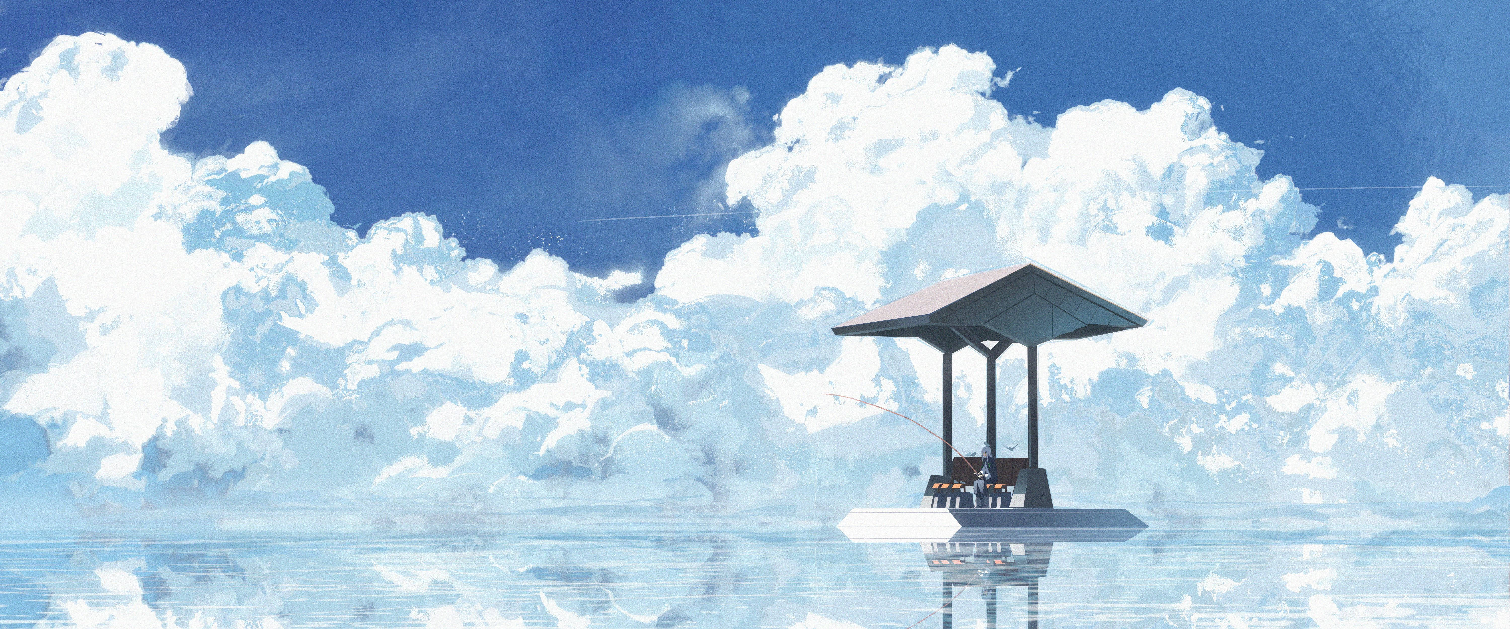 wide blue sky, pavilion, calm blue water, 5K Desktop Wallpaper