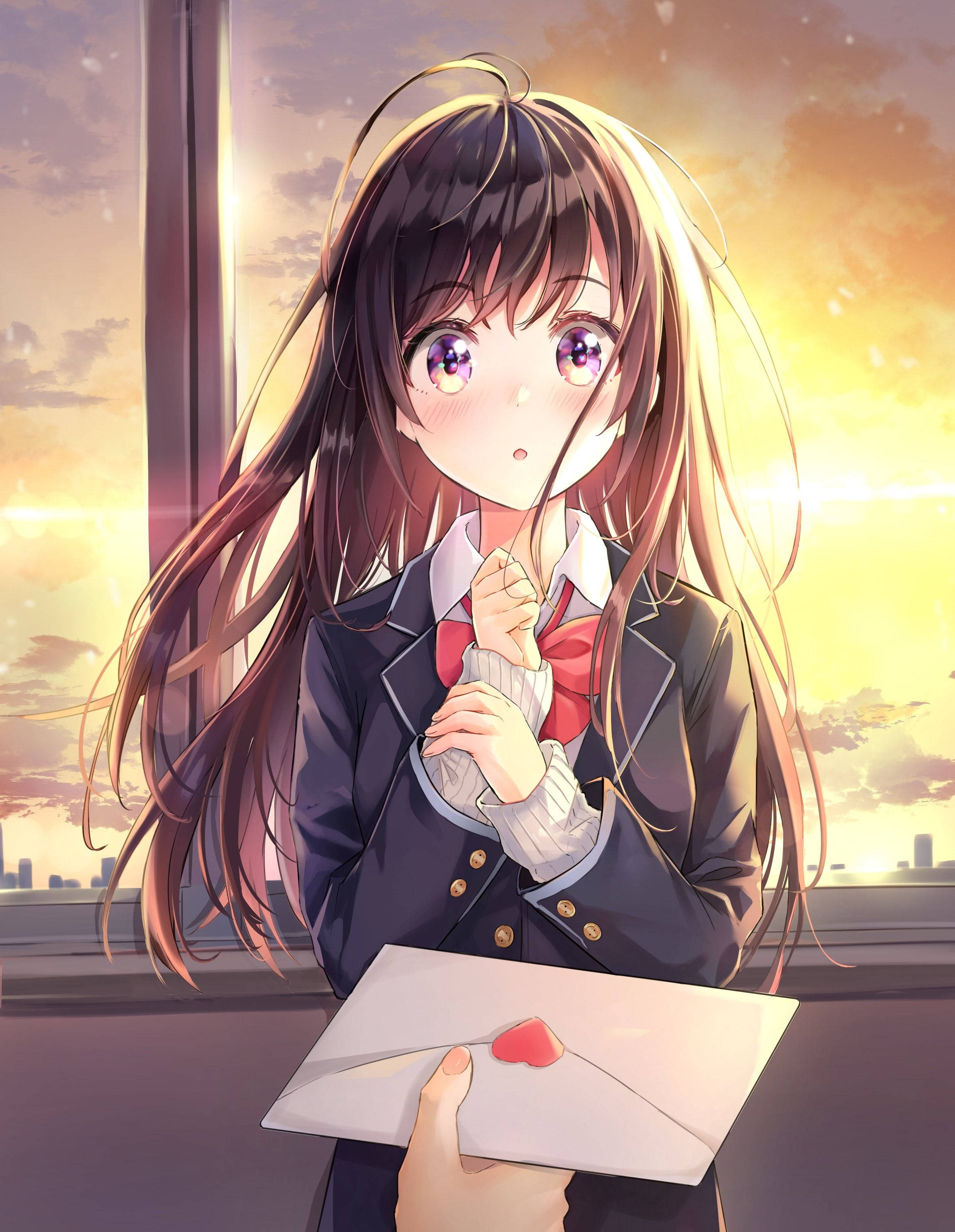 anime girl, school uniform, heart-sealed letter, 2K Phone Wallpaper