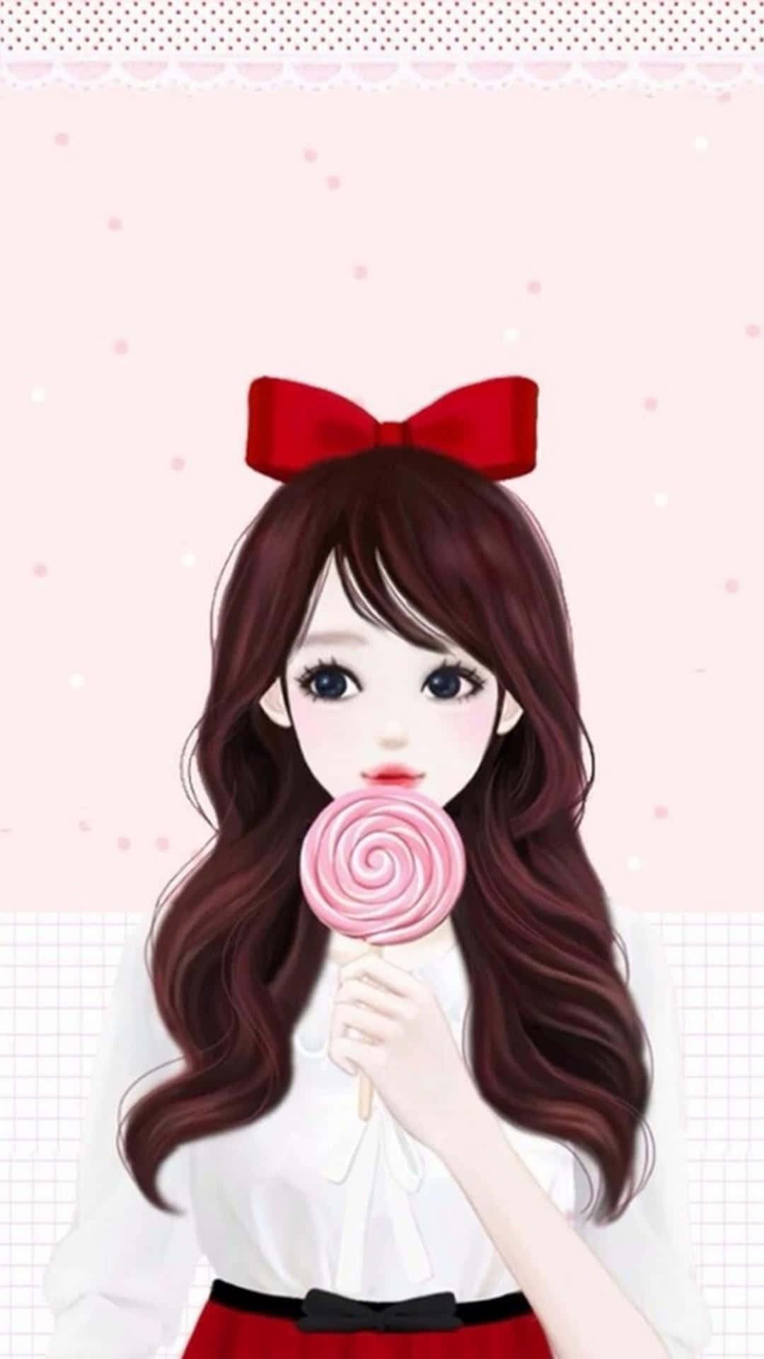 Korean Anime Girl, long brown hair, red bow, Full HD Phone Wallpaper
