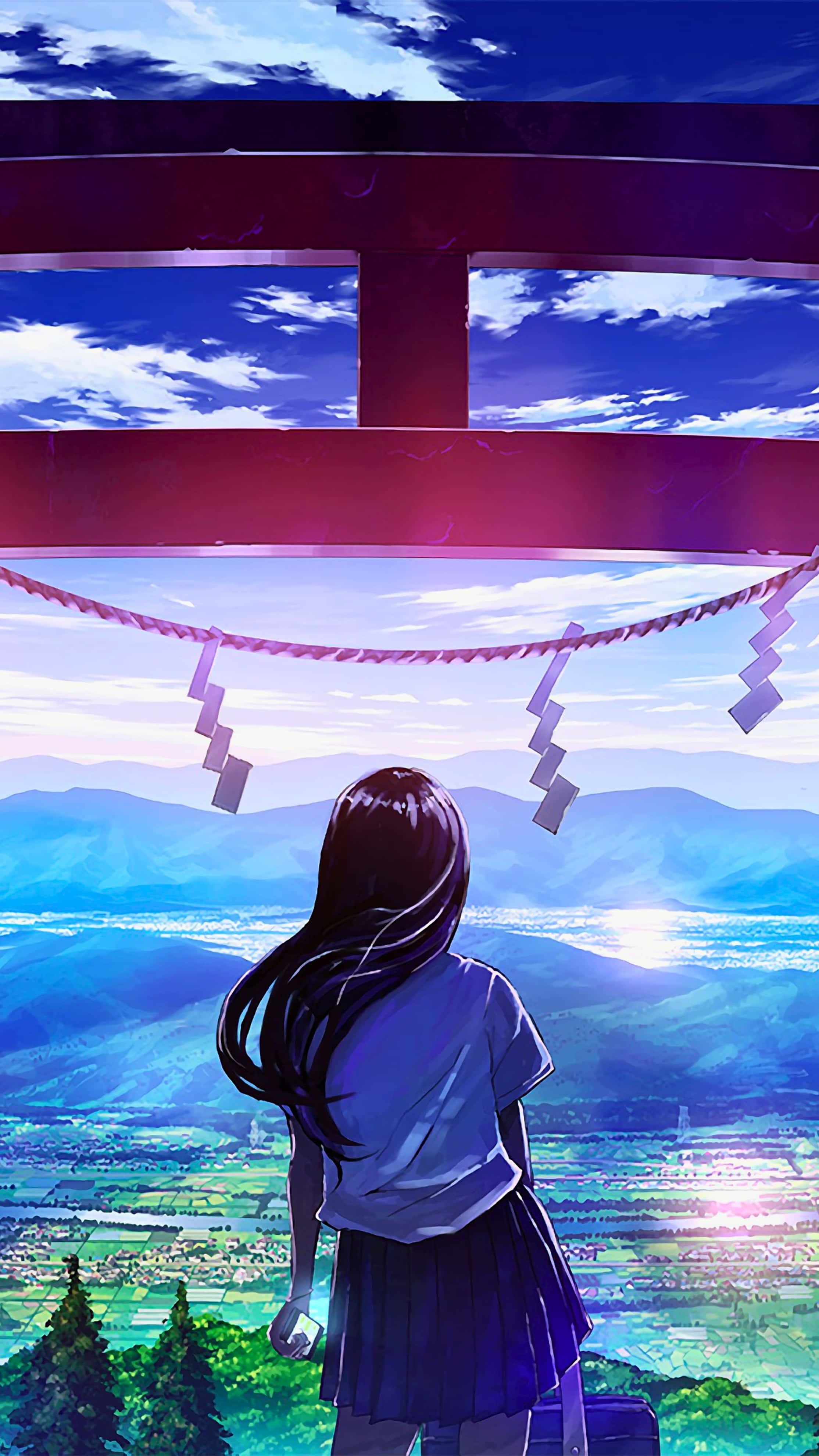 View blue, school uniform, glowing red torii gate, 4K Phone Wallpaper