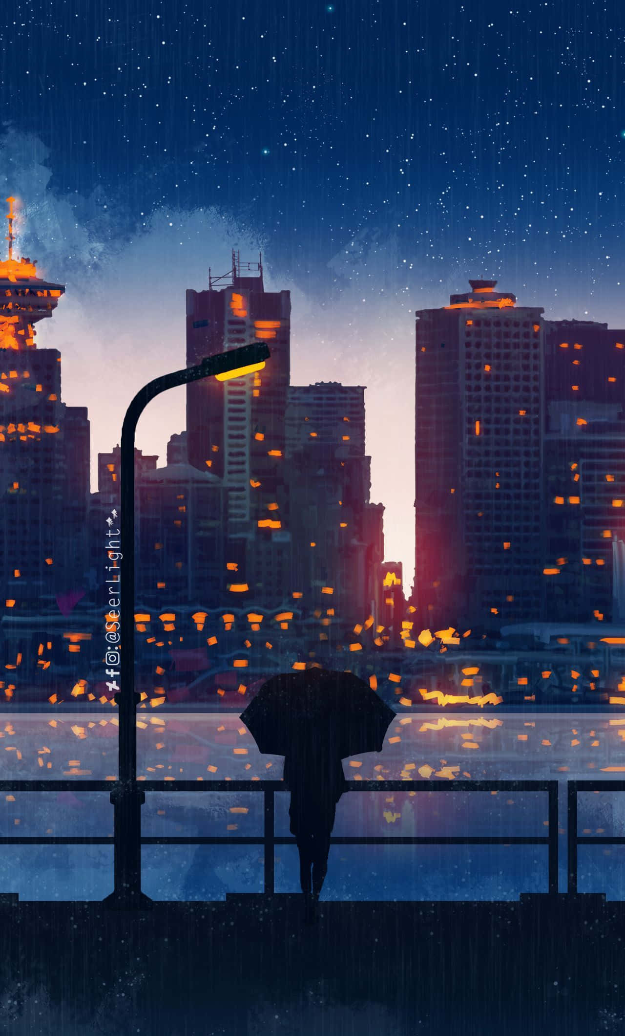 rain-slicked pier, starry night sky, glowing cityscape, Full HD Phone Wallpaper