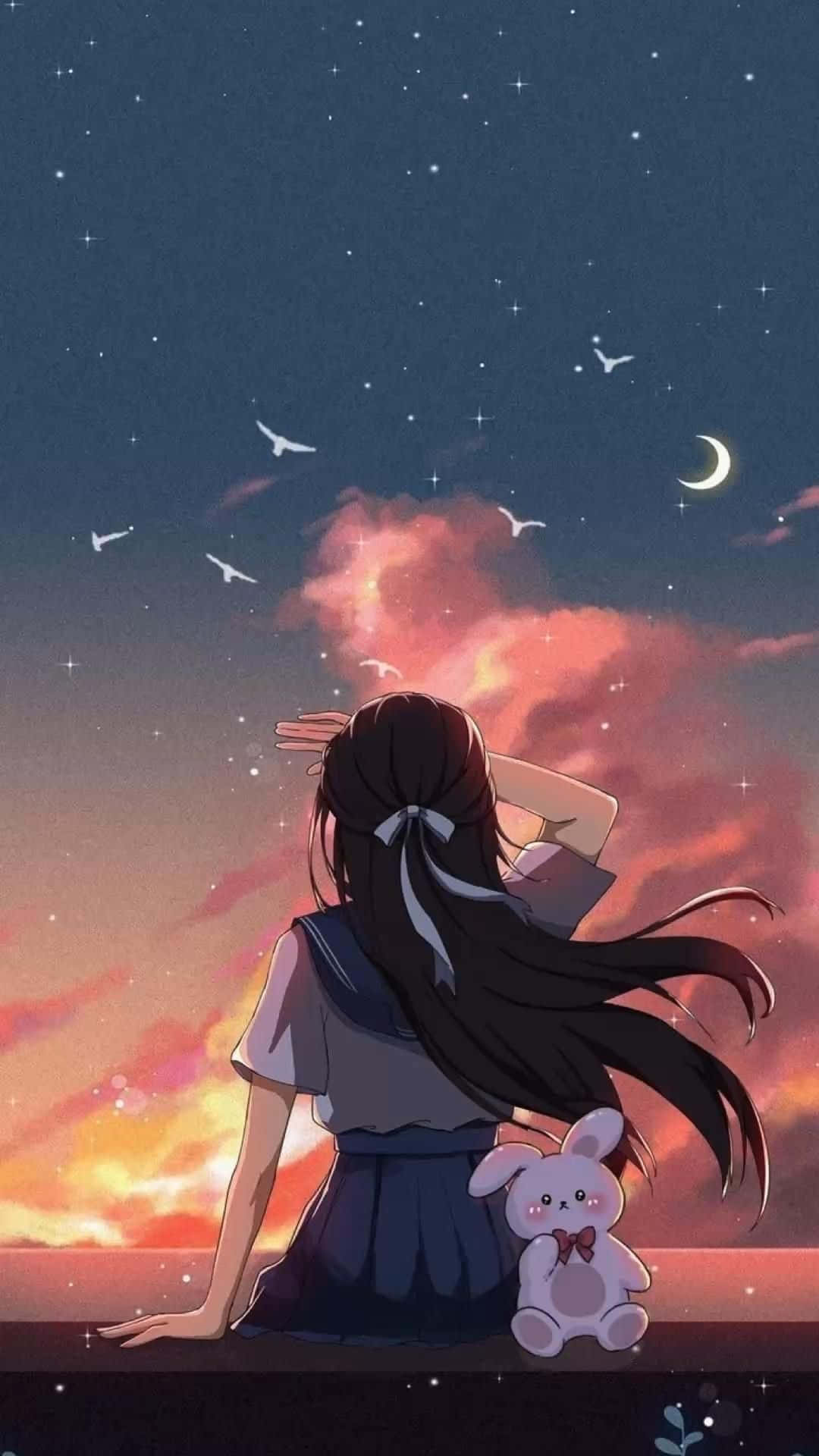 anime girl, long dark hair, ledge, Full HD Phone Wallpaper