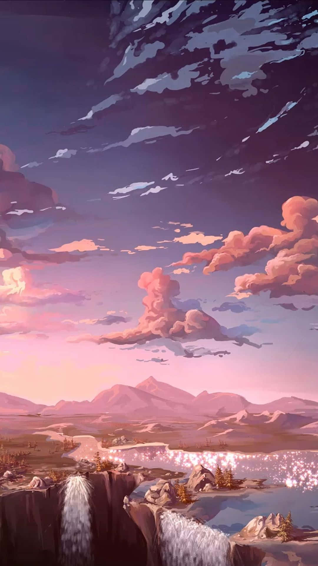 twilight sky, pink and purple clouds, glowing river, Full HD Phone Wallpaper