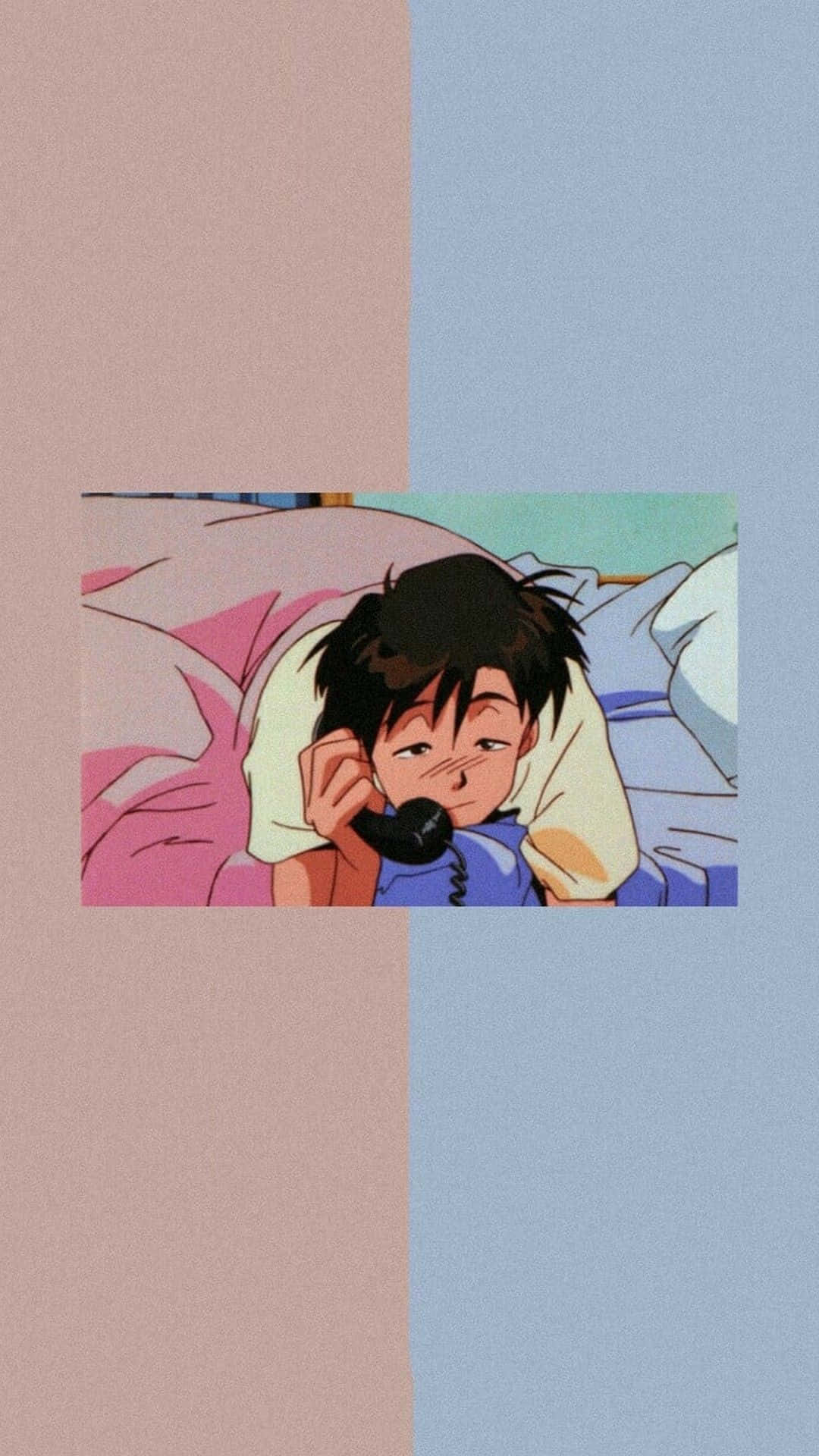 anime boy, black phone, split pink and blue background, Full HD Phone Wallpaper