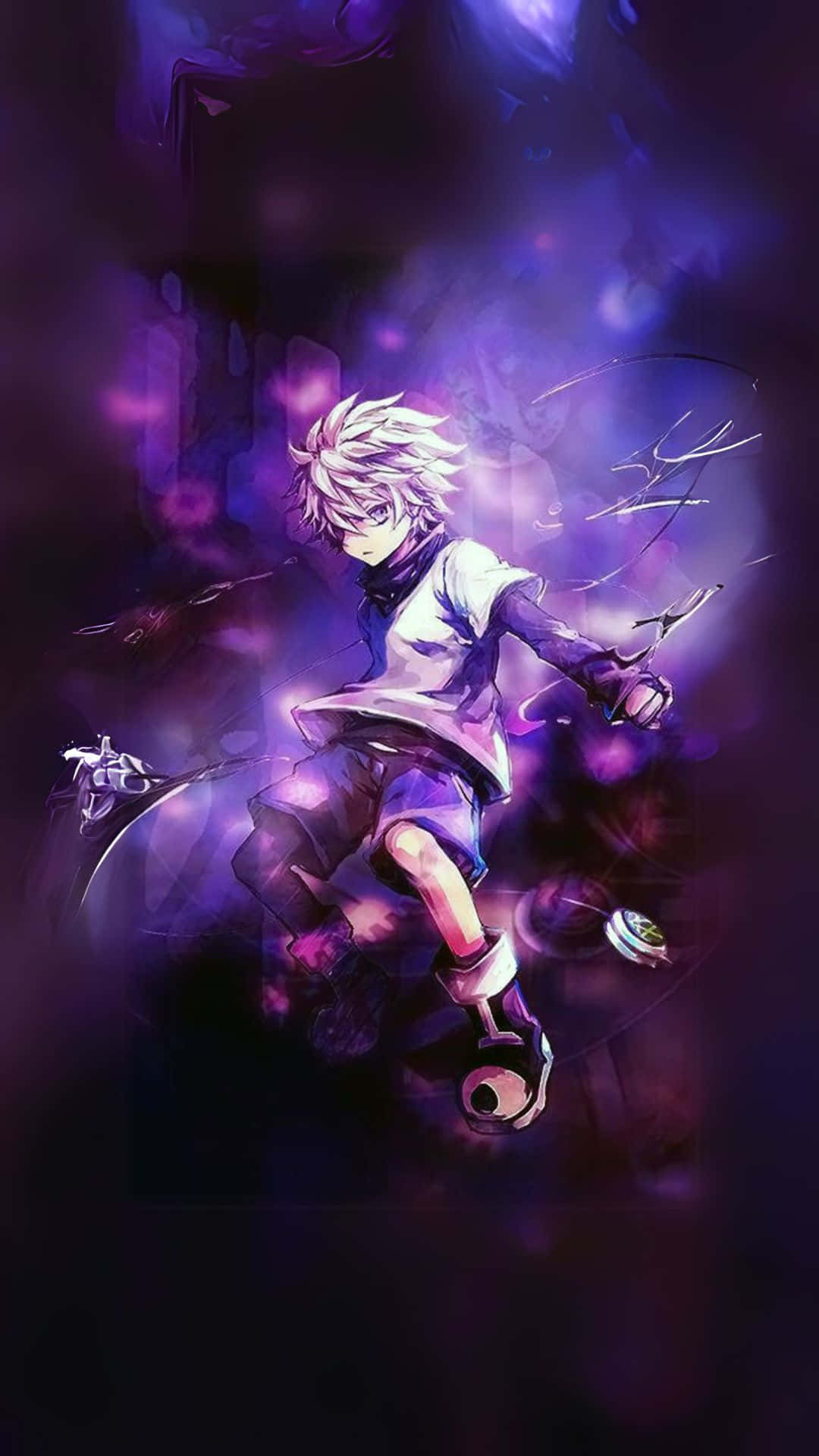 anime boy, spiky white hair, glowing purple mist, Full HD Phone Wallpaper