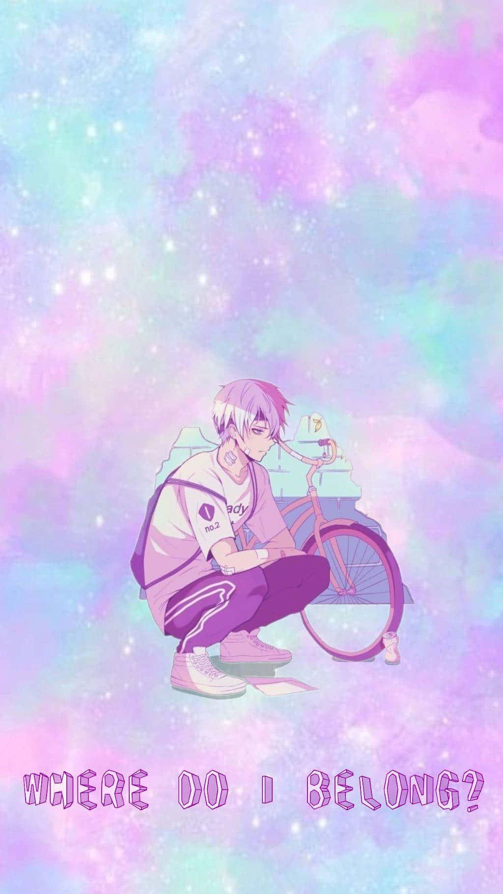 anime boy, purple hair, pink bicycle, HD Phone Wallpaper