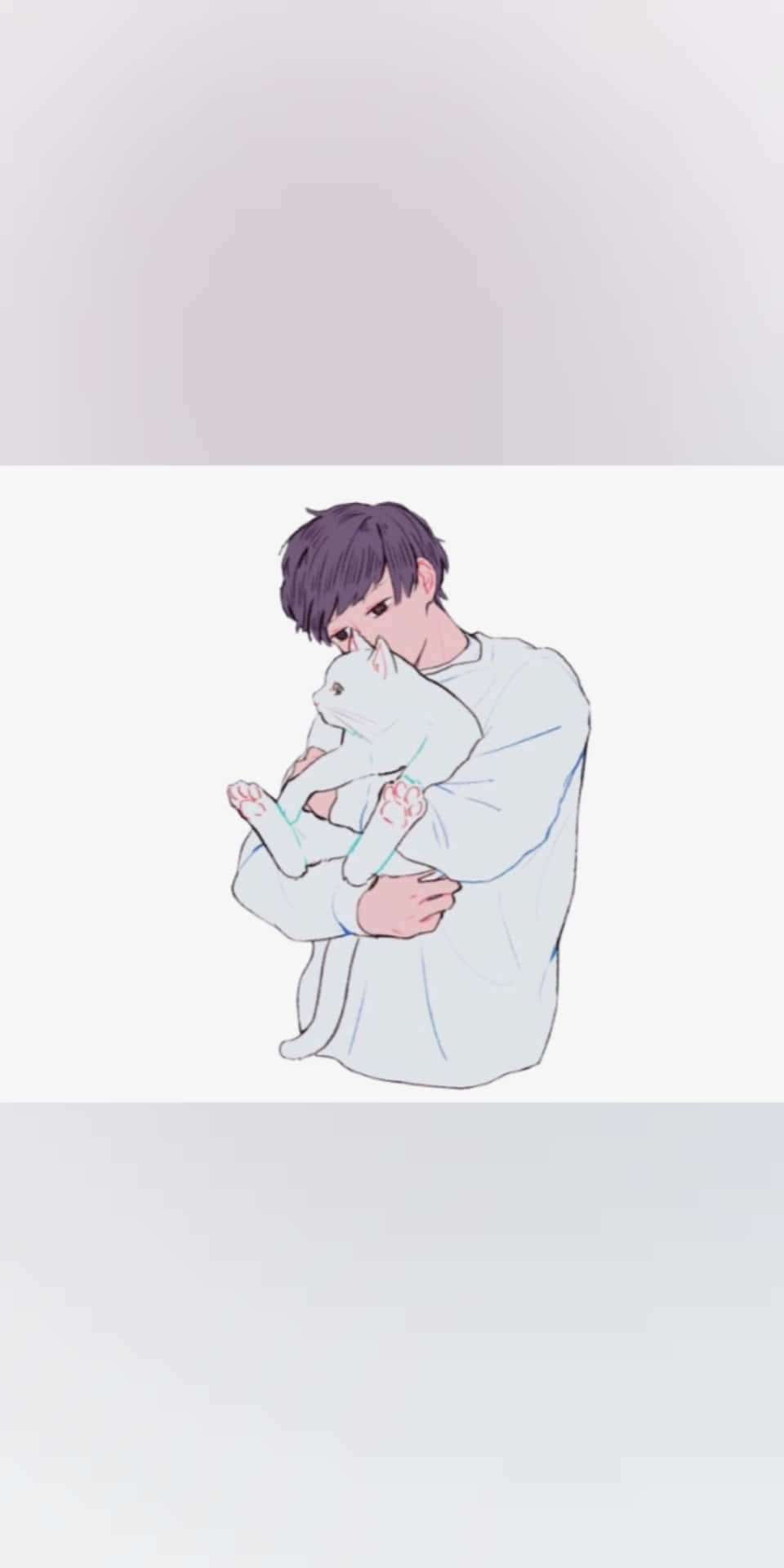 anime boy, purple hair, white cat, Full HD Phone Wallpaper